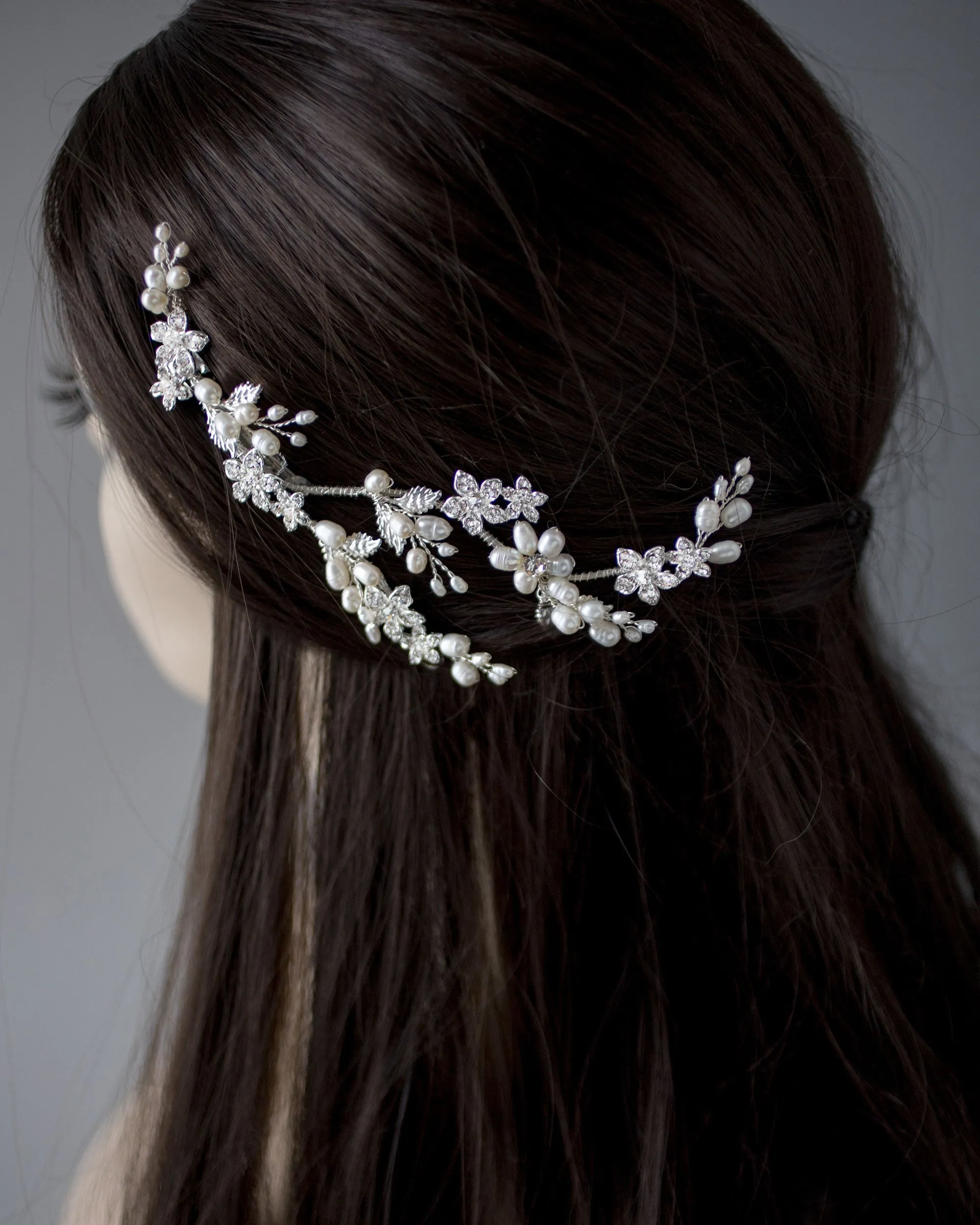 Ivory Pearl Bridal Vine Clip with Crystal Flowers