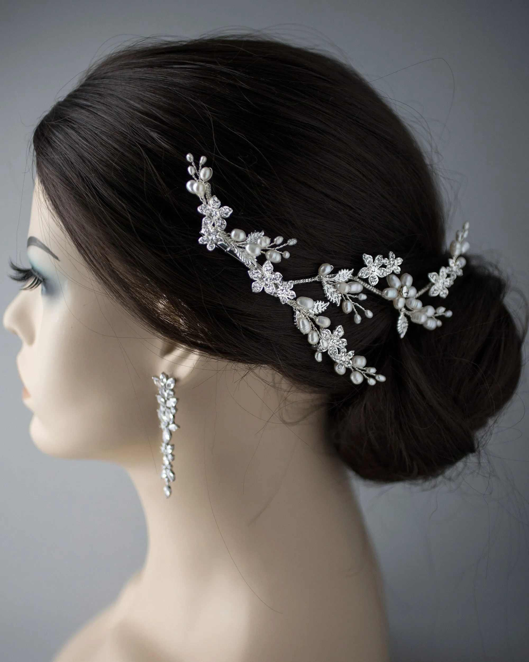 Ivory Pearl Bridal Vine Clip with Crystal Flowers