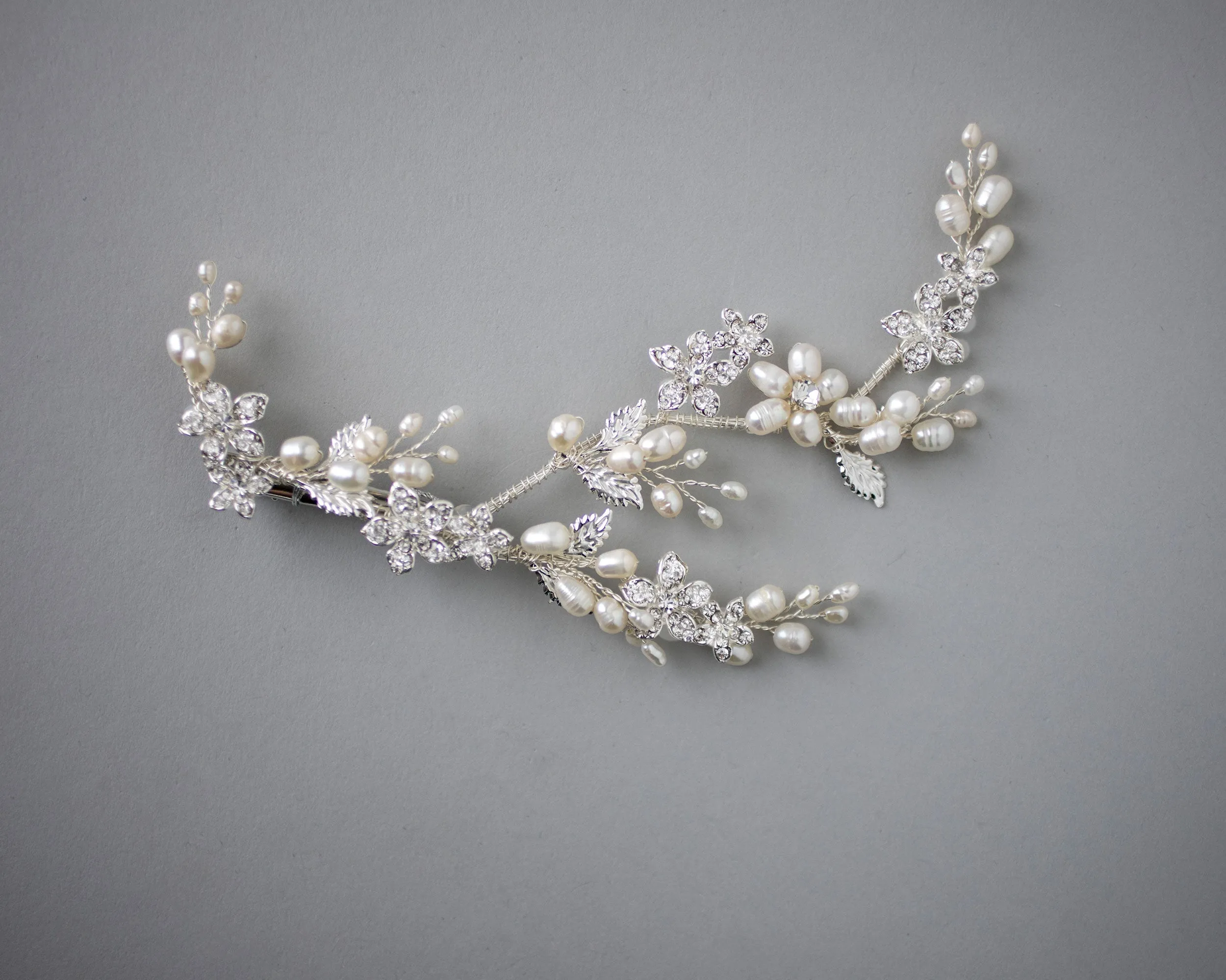 Ivory Pearl Bridal Vine Clip with Crystal Flowers