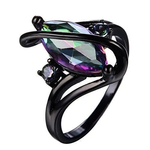 Jewelry Women's Rainbow Lab Topaz Promise Black Gold Ring Engagement Wedding Gift Rings for Her Size 5-11