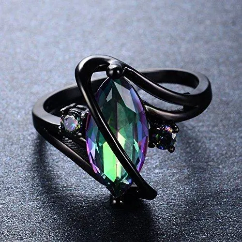 Jewelry Women's Rainbow Lab Topaz Promise Black Gold Ring Engagement Wedding Gift Rings for Her Size 5-11