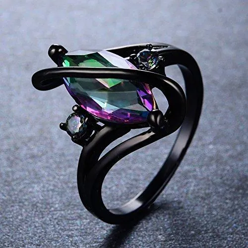 Jewelry Women's Rainbow Lab Topaz Promise Black Gold Ring Engagement Wedding Gift Rings for Her Size 5-11