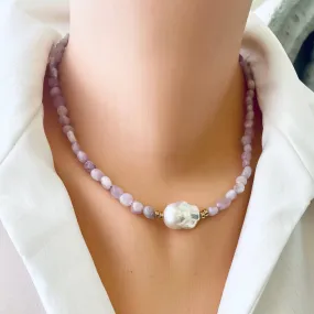 Kunzite and Baroque Pearl Necklace, Gold Filled, 17.5inches