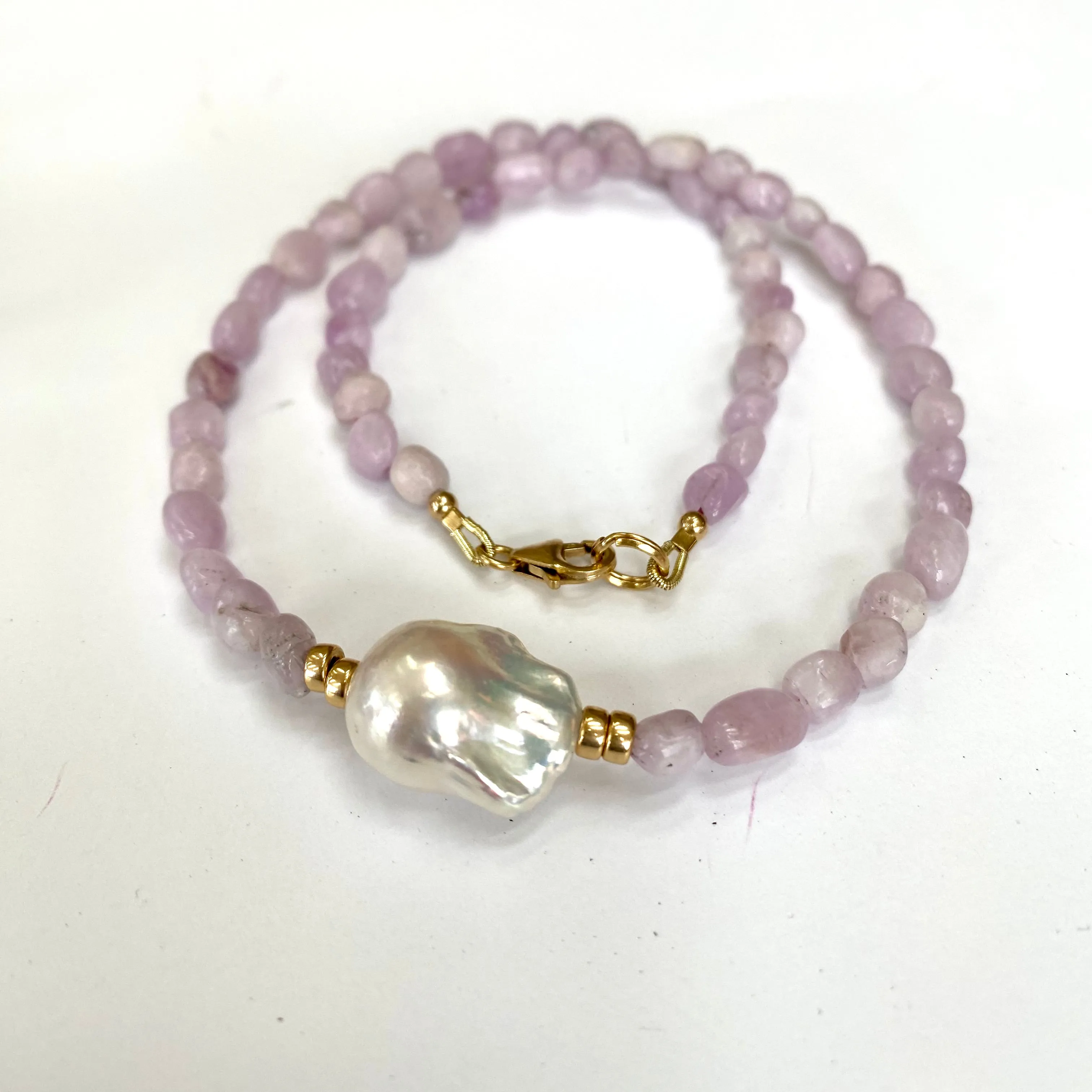 Kunzite and Baroque Pearl Necklace, Gold Filled, 17.5inches