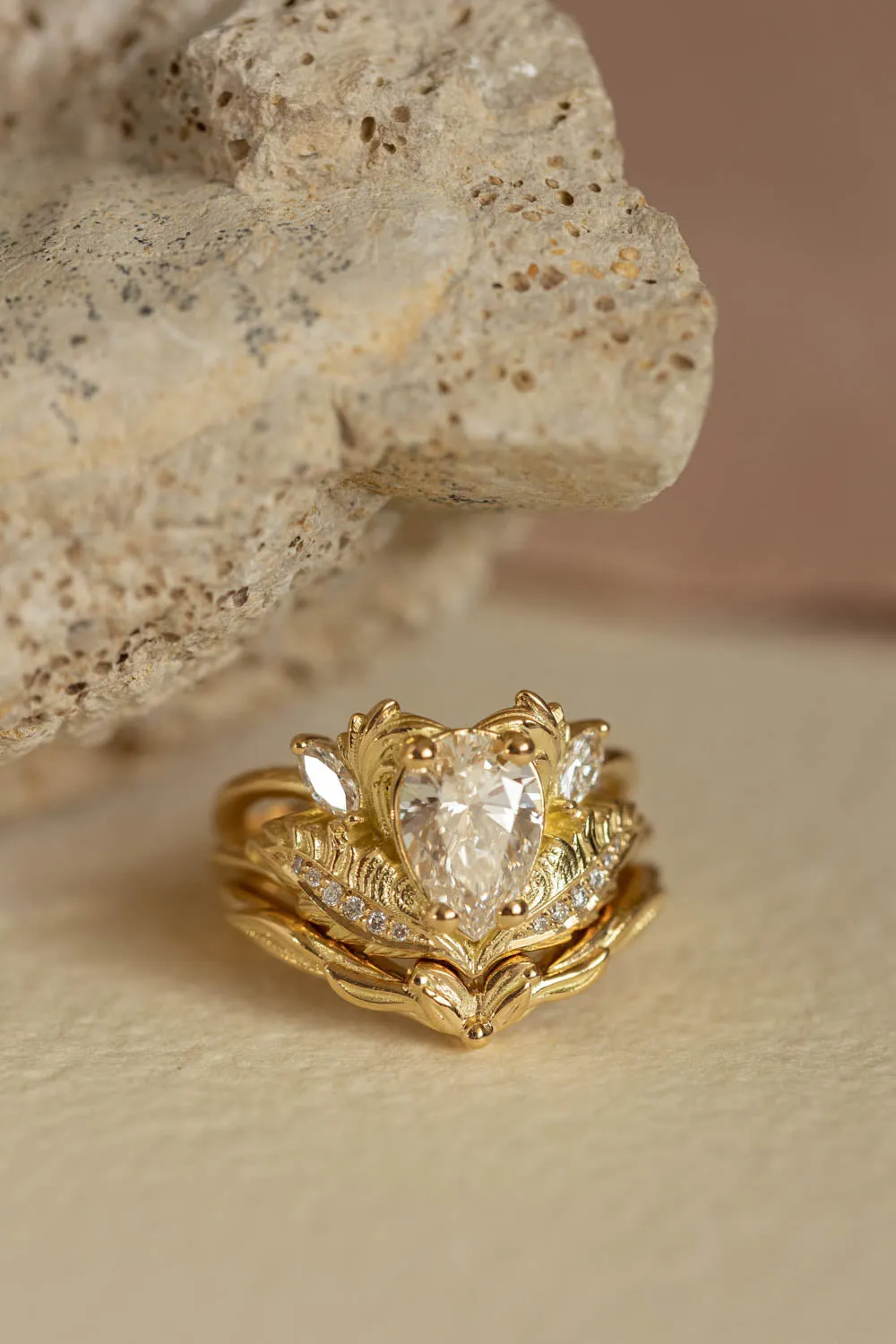 Lab grown diamond engagement ring set in yellow gold, gorgeous bridal ring set / Adonis