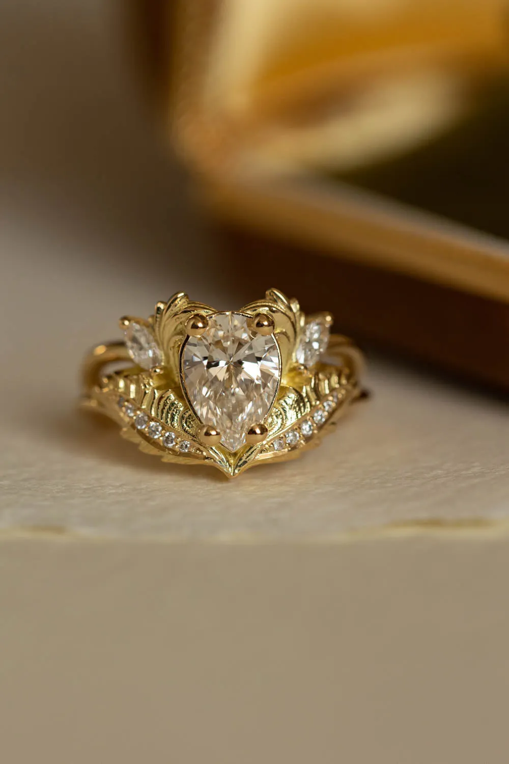 Lab grown diamond engagement ring set in yellow gold, gorgeous bridal ring set / Adonis