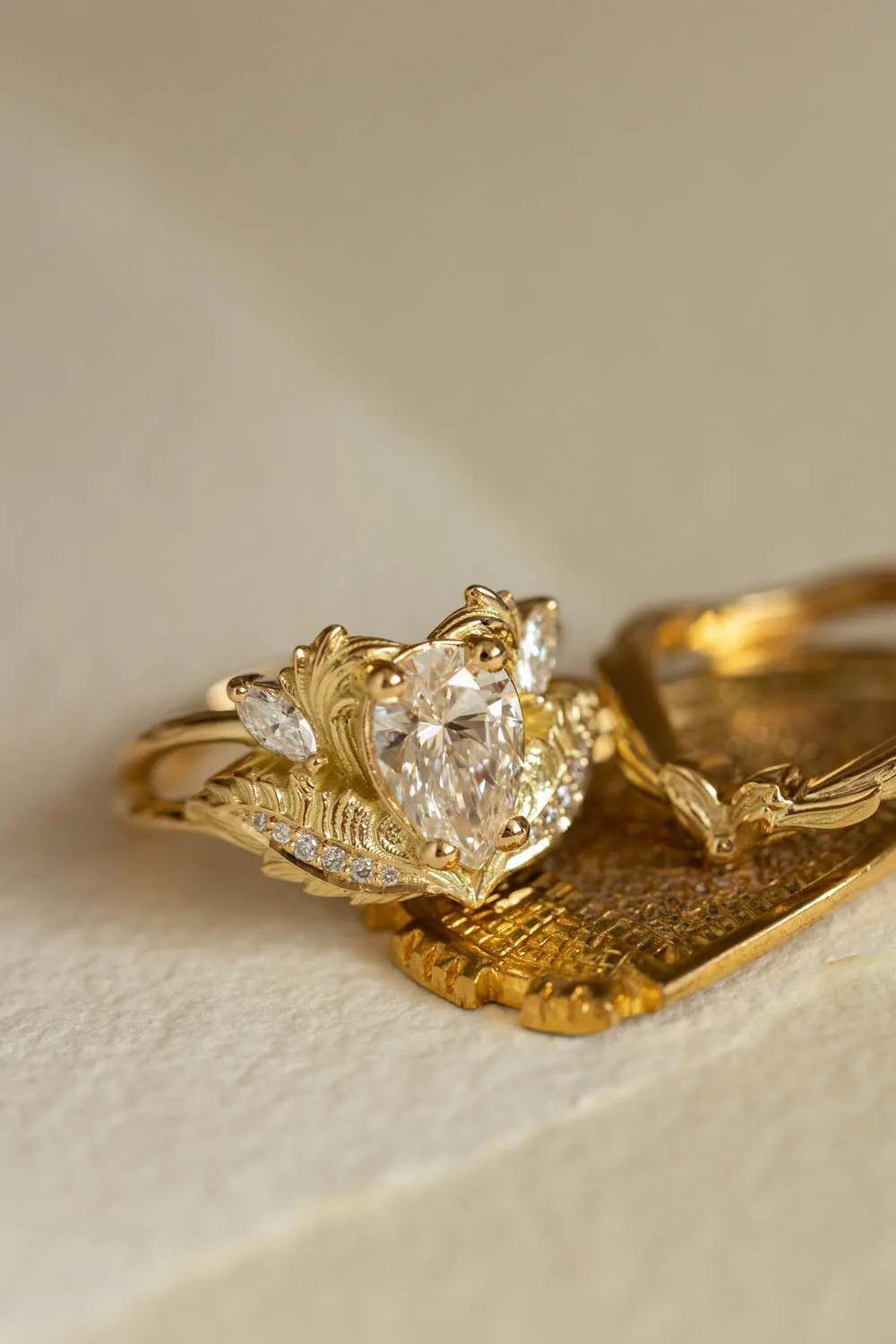 Lab grown diamond engagement ring set in yellow gold, gorgeous bridal ring set / Adonis