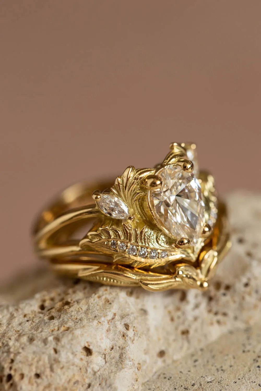 Lab grown diamond engagement ring set in yellow gold, gorgeous bridal ring set / Adonis