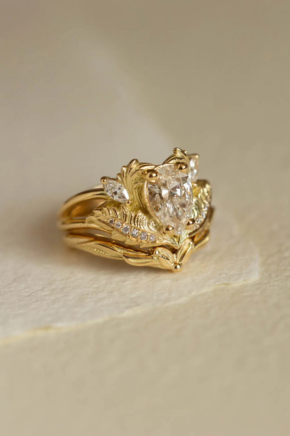 Lab grown diamond engagement ring set in yellow gold, gorgeous bridal ring set / Adonis