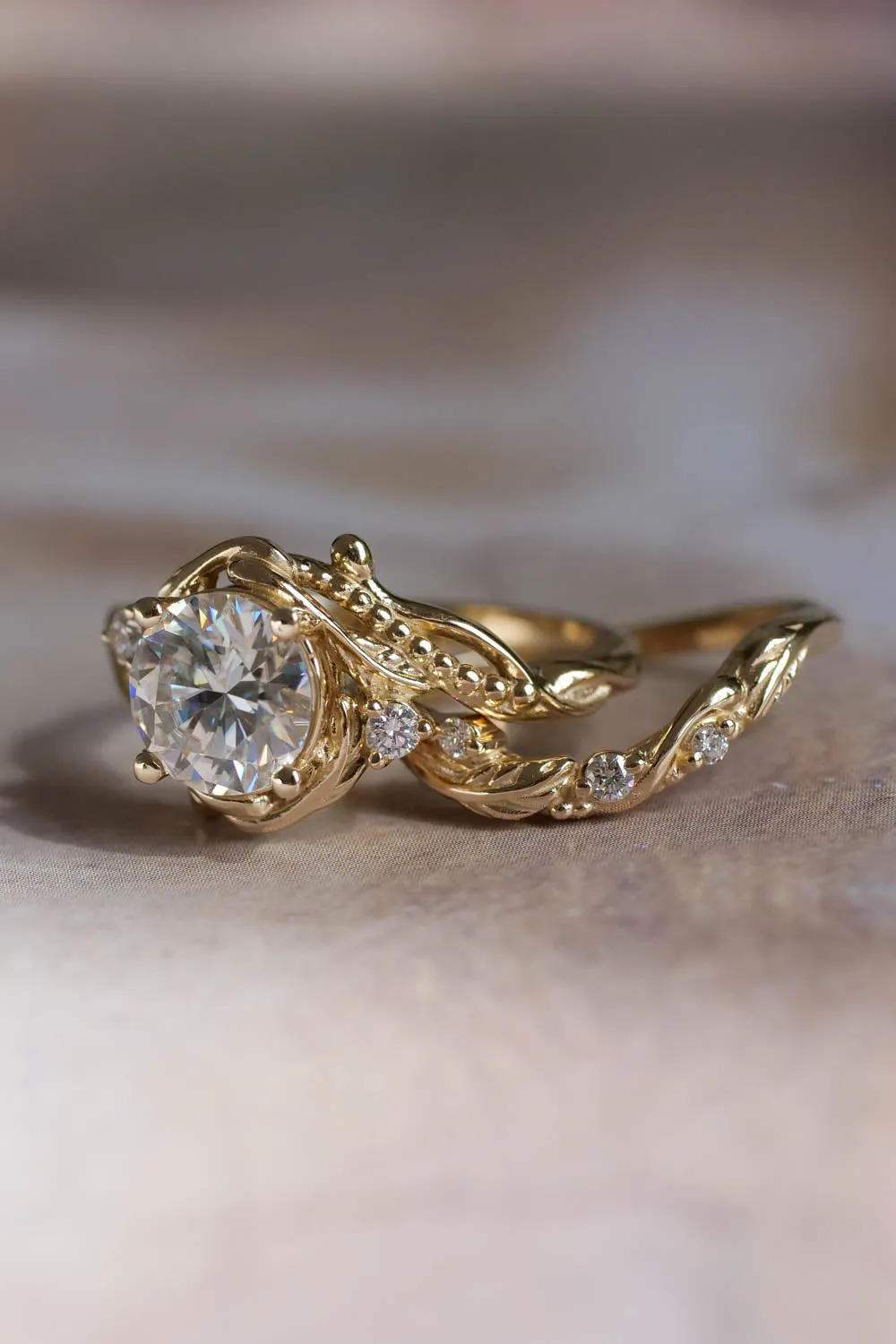 Lab grown diamond engagement ring set, yellow gold bridal ring set with diamonds / Undina