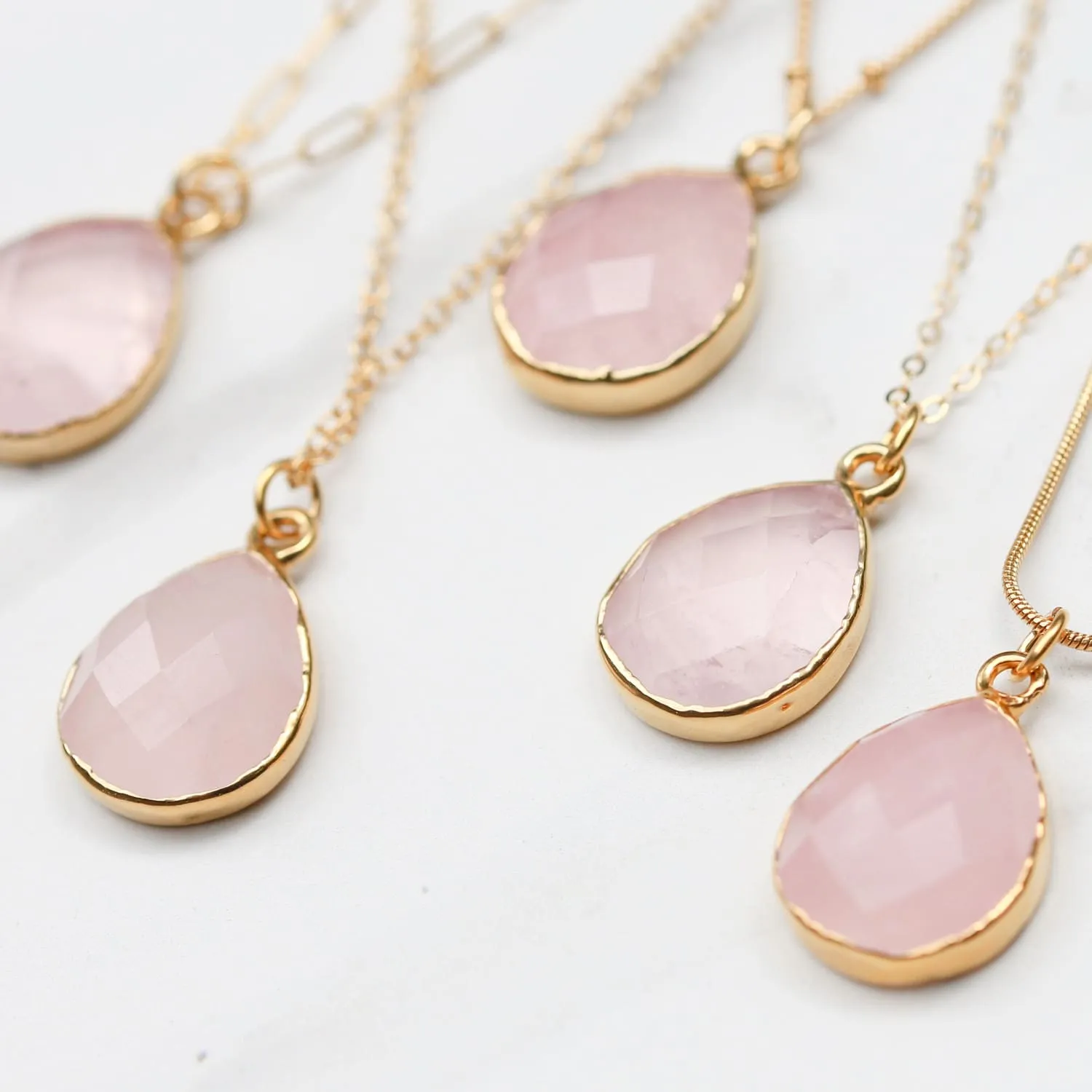 Large Tear Drop Rose Quartz Necklace with Gold Filled Paperclip Chain