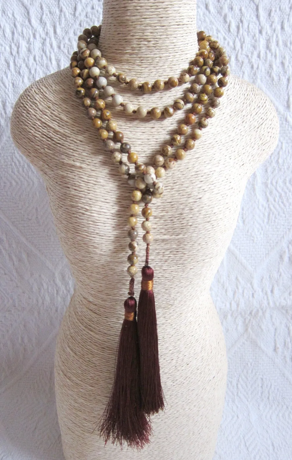 Long Lariat Amazonite, Pyrite, Jasper Mix Tassel Necklace - 60 inches long