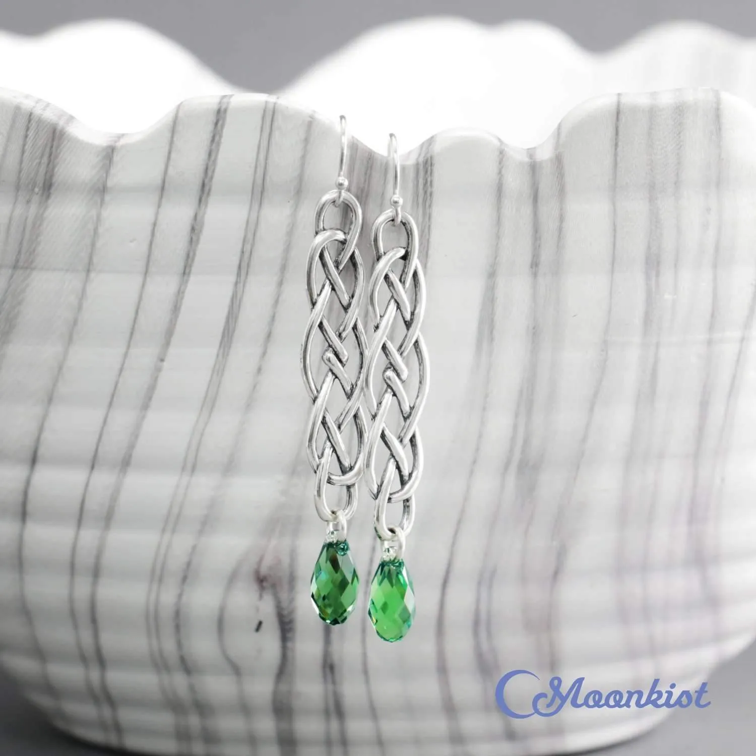 Long Silver Celtic Dangle Earrings with Green Crystals | Moonkist Designs