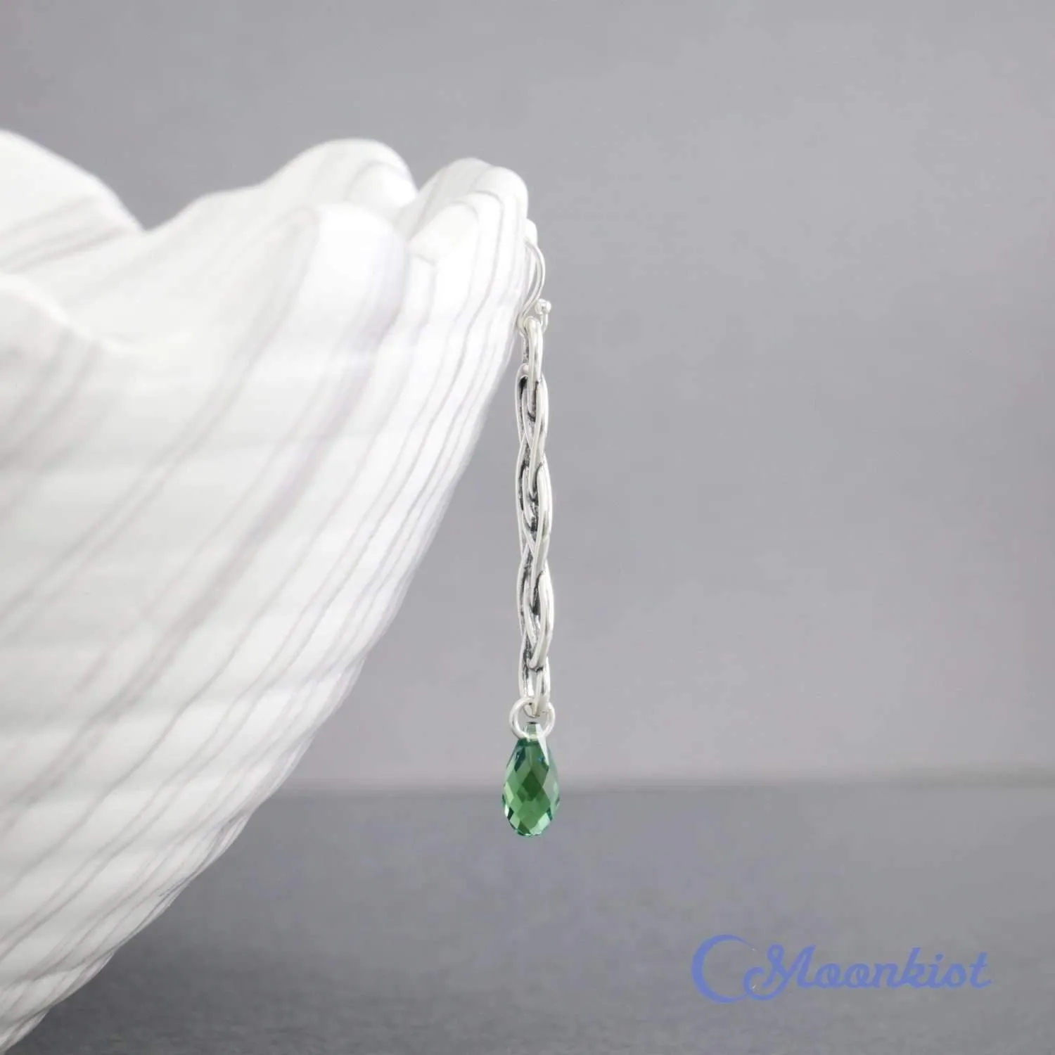 Long Silver Celtic Dangle Earrings with Green Crystals | Moonkist Designs