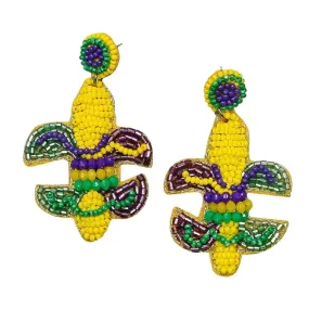 Mardi Gras Fleur De Lis Seed Bead Drop Earrings