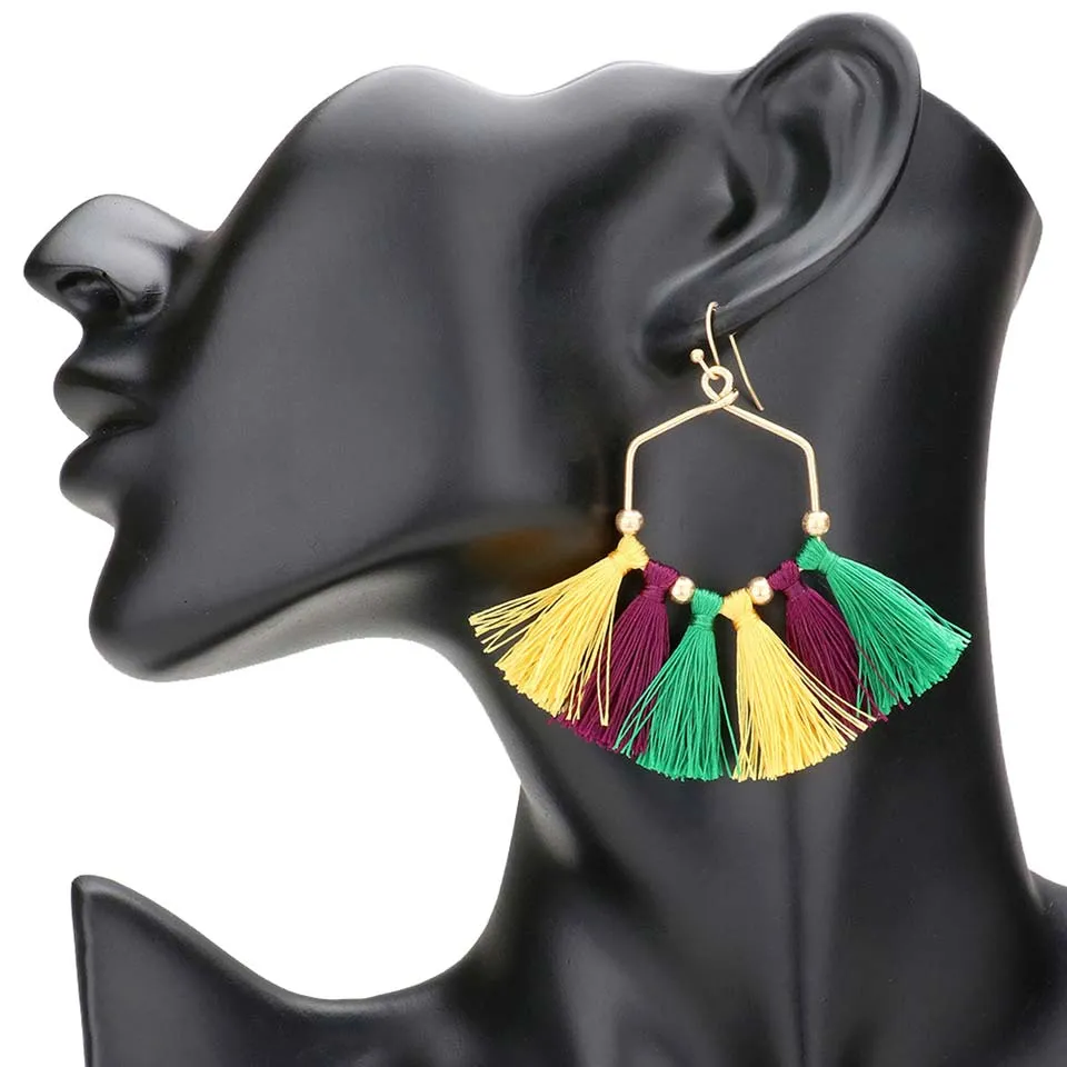 Mardi Gras Open Metal Hexagon Tassel Fringe Dangle Earrings