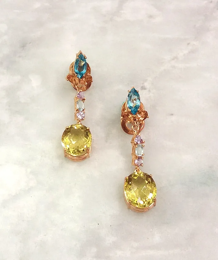 Marquis Blue Topaz and Citrine Studs with Amethyst, Blue Topaz & Oval Lemon Quartz detachable dangle Twinset Earrings