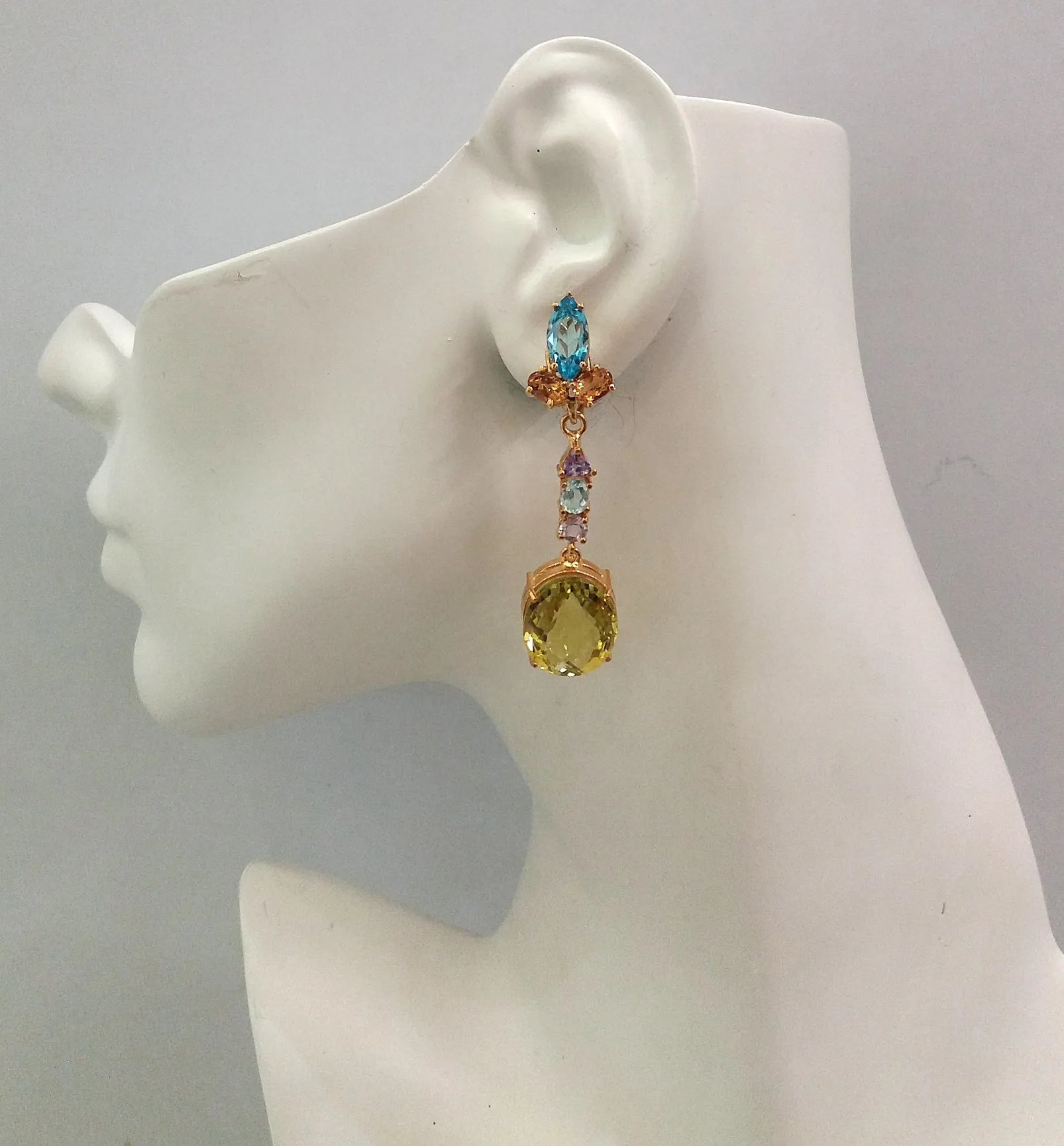 Marquis Blue Topaz and Citrine Studs with Amethyst, Blue Topaz & Oval Lemon Quartz detachable dangle Twinset Earrings