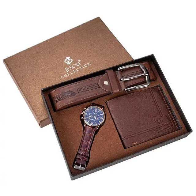 Men Fashion Luxury Business Quartz Watch, High-Quality Belt, and Folding Wallet Gift Set