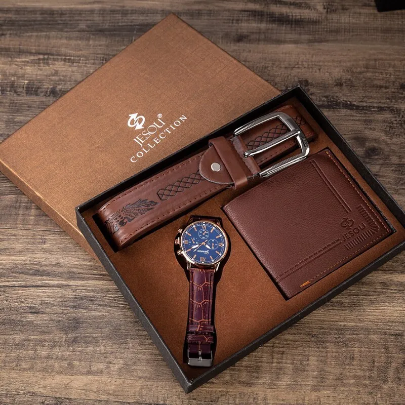 Men Fashion Luxury Business Quartz Watch, High-Quality Belt, and Folding Wallet Gift Set