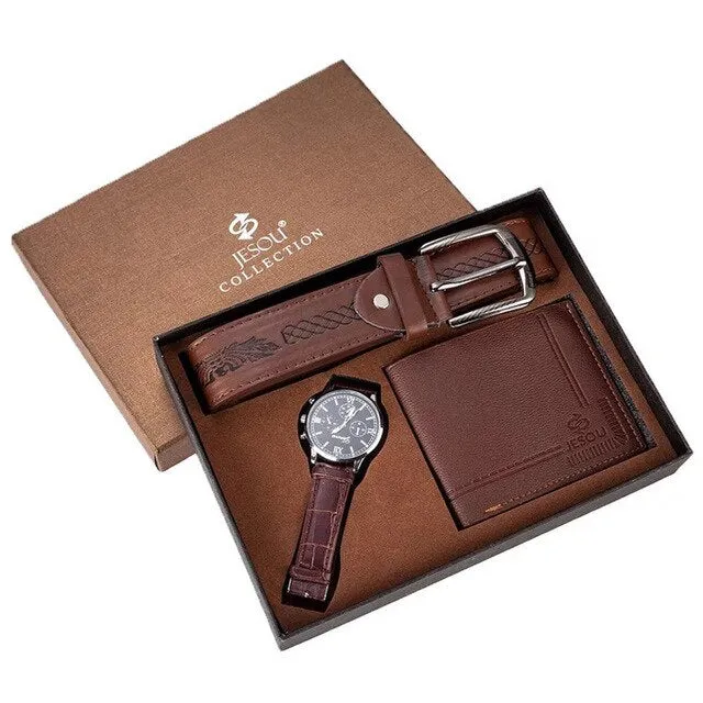 Men Fashion Luxury Business Quartz Watch, High-Quality Belt, and Folding Wallet Gift Set