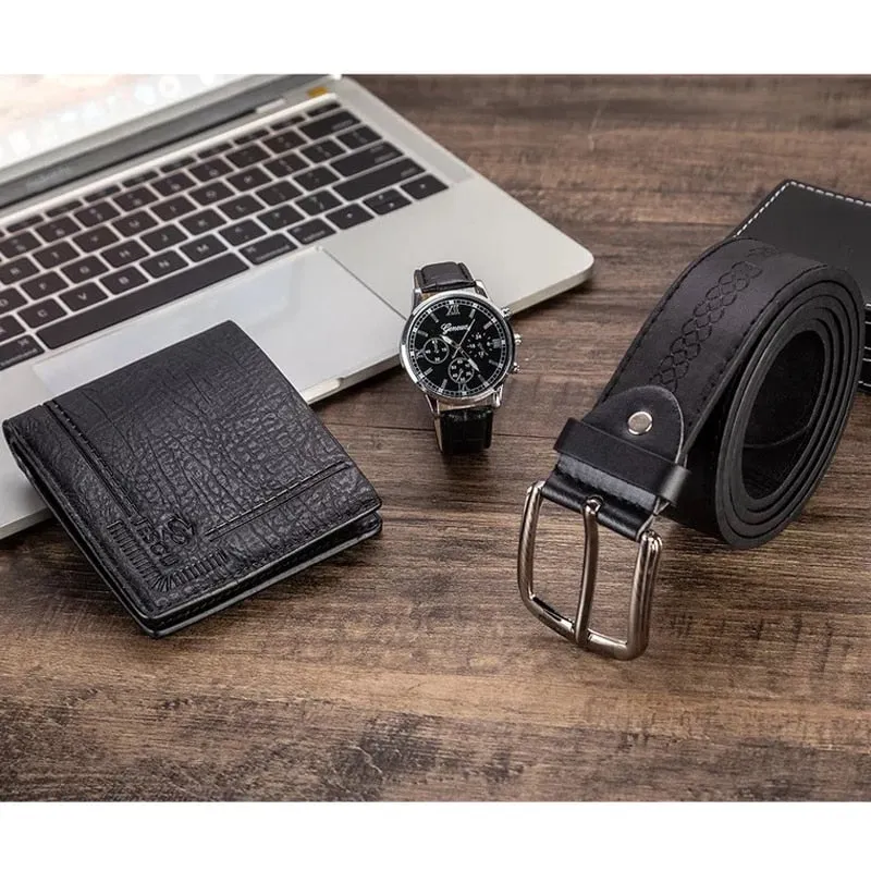 Men Fashion Luxury Business Quartz Watch, High-Quality Belt, and Folding Wallet Gift Set