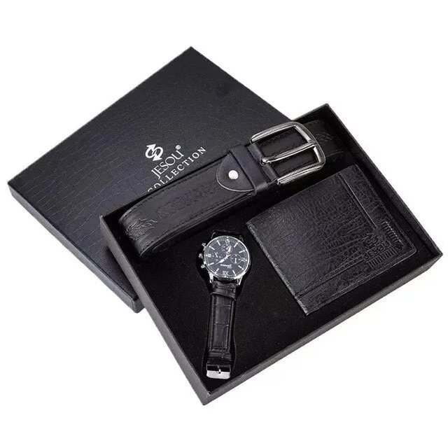 Men Fashion Luxury Business Quartz Watch, High-Quality Belt, and Folding Wallet Gift Set