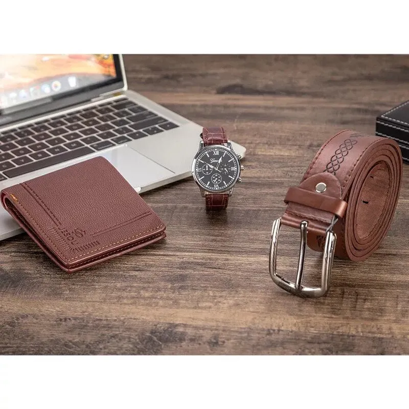 Men Fashion Luxury Business Quartz Watch, High-Quality Belt, and Folding Wallet Gift Set