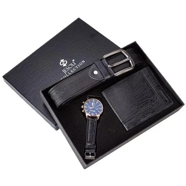 Men Fashion Luxury Business Quartz Watch, High-Quality Belt, and Folding Wallet Gift Set