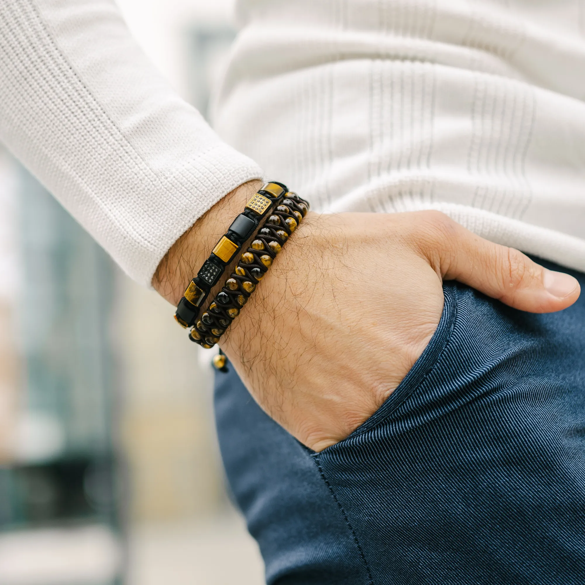 Men's TIGER EYE Double Bead Bracelet - One Size Fits All