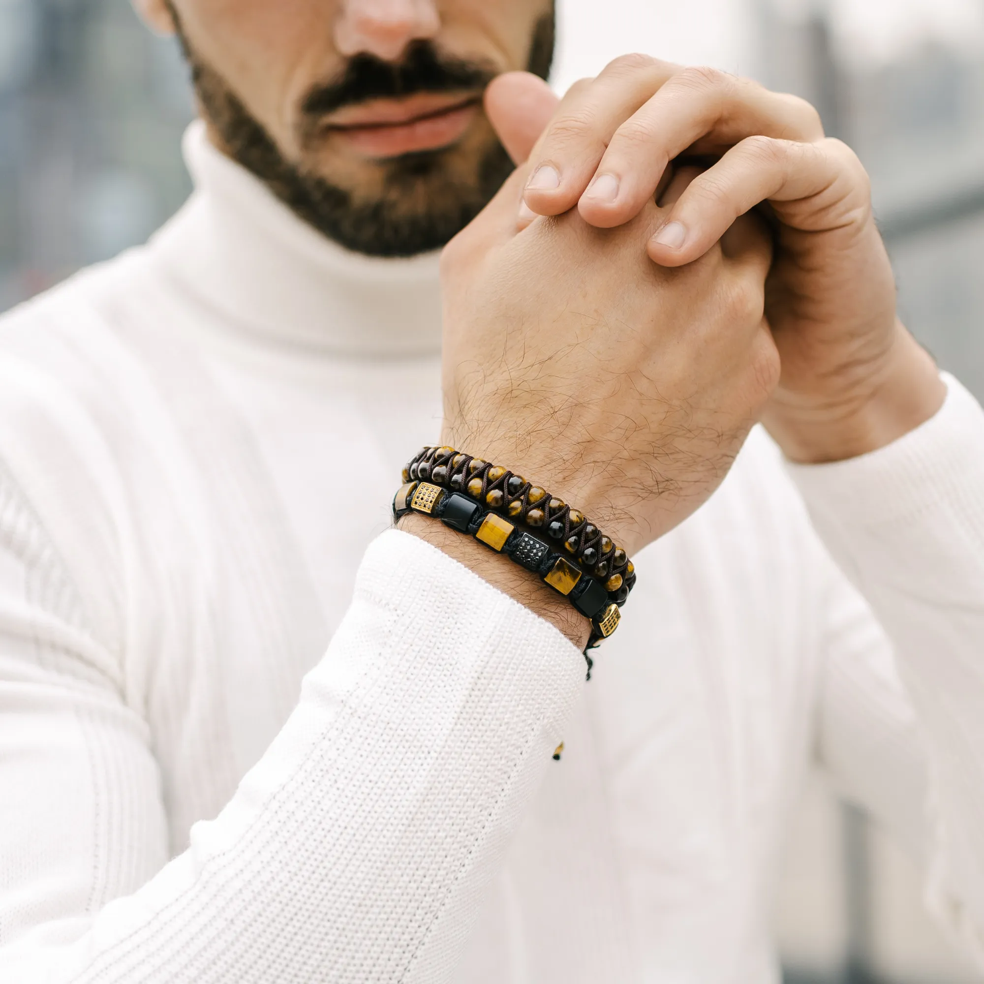 Men's TIGER EYE Double Bead Bracelet - One Size Fits All