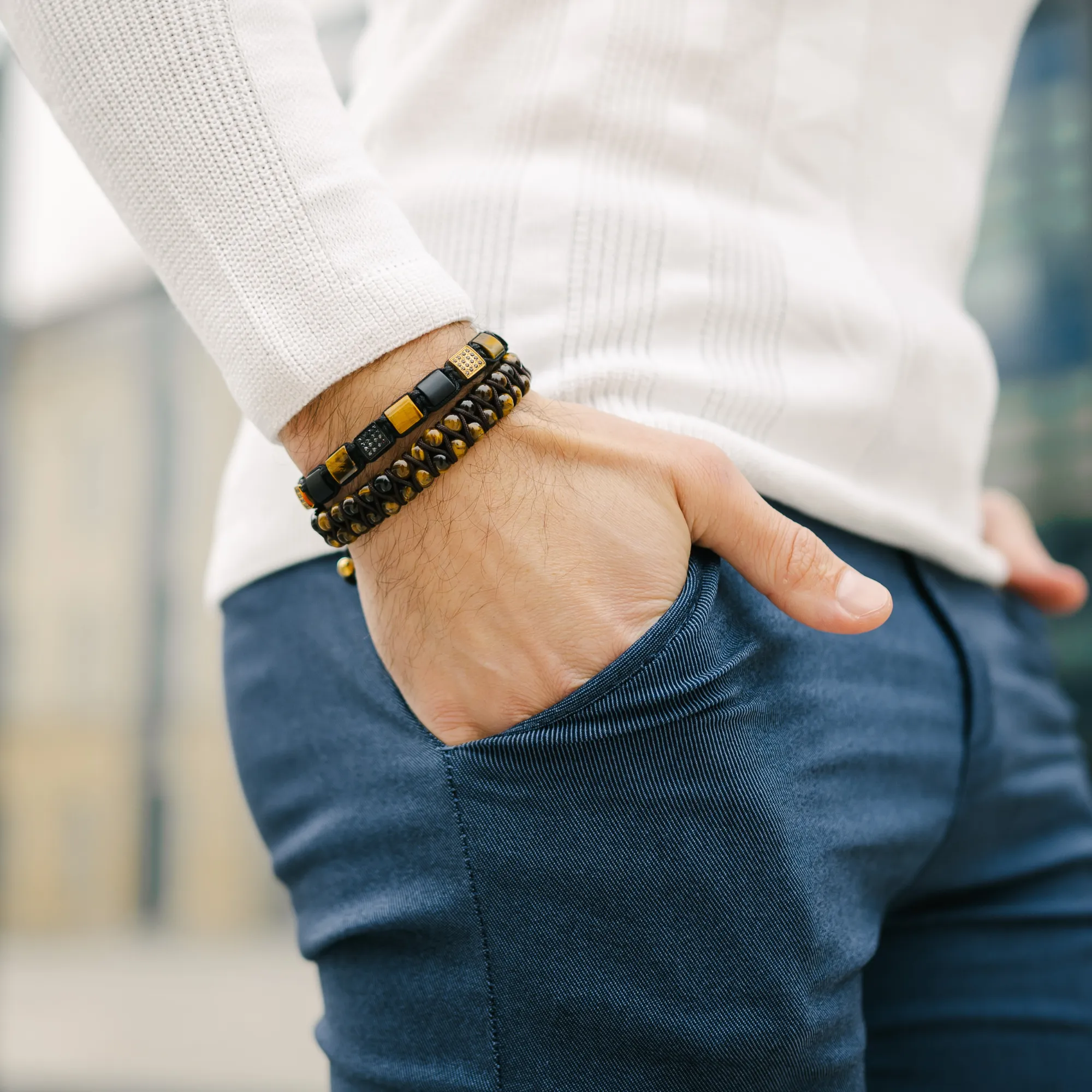 Men's TIGER EYE Double Bead Bracelet - One Size Fits All