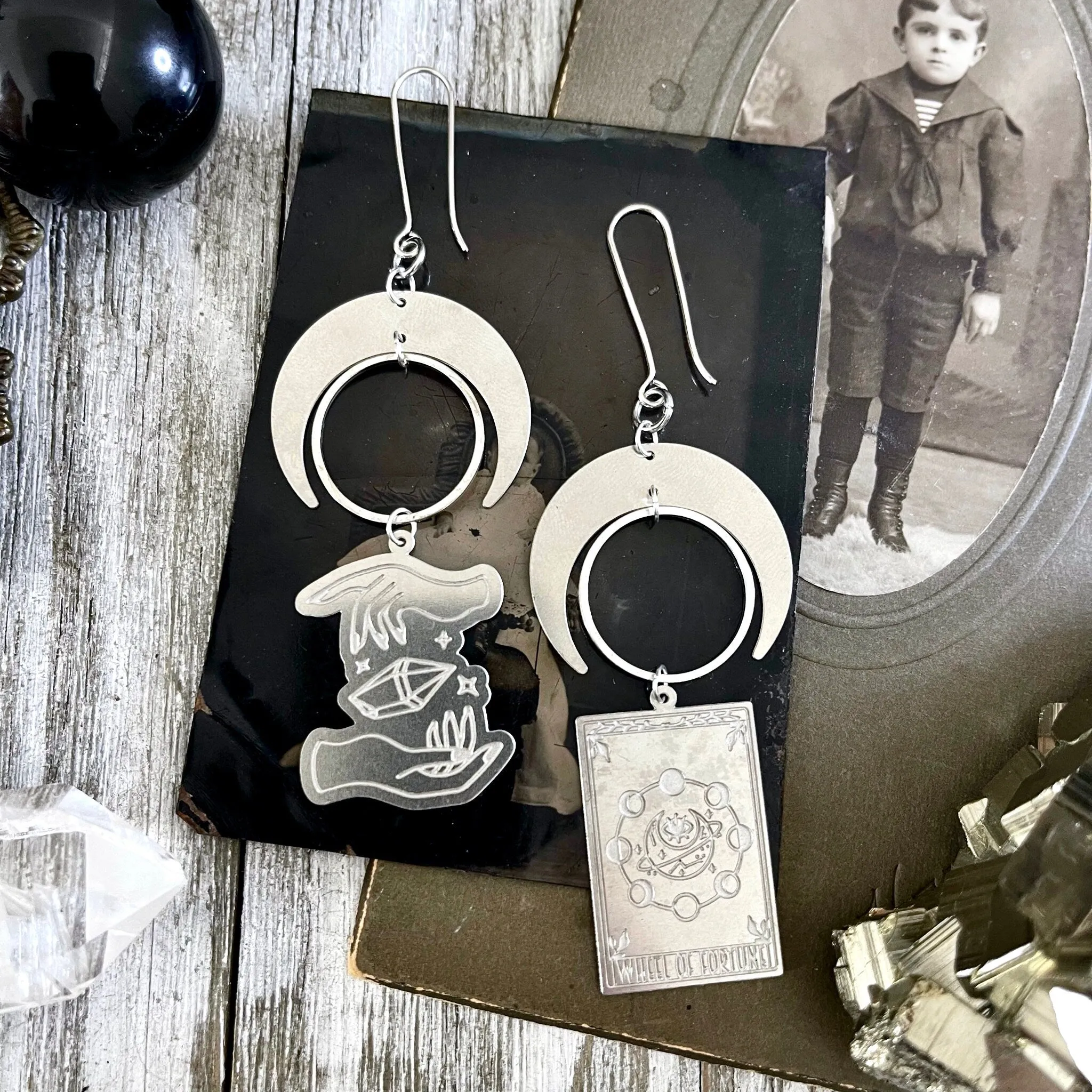 Mismatch Crescent Moon Earrings Witchy Tarot Card Crystal Sterling Silver & Stainless Steel Earrings /  Long Dangly Goth Witch Jewelry