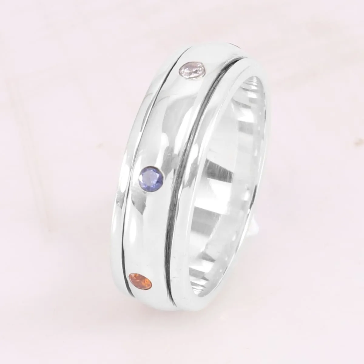 Multi Stone 925 Sterling Silver Meditation Spinner Ring, Seven Chakra, Handmade Jewelry, Gift for Her