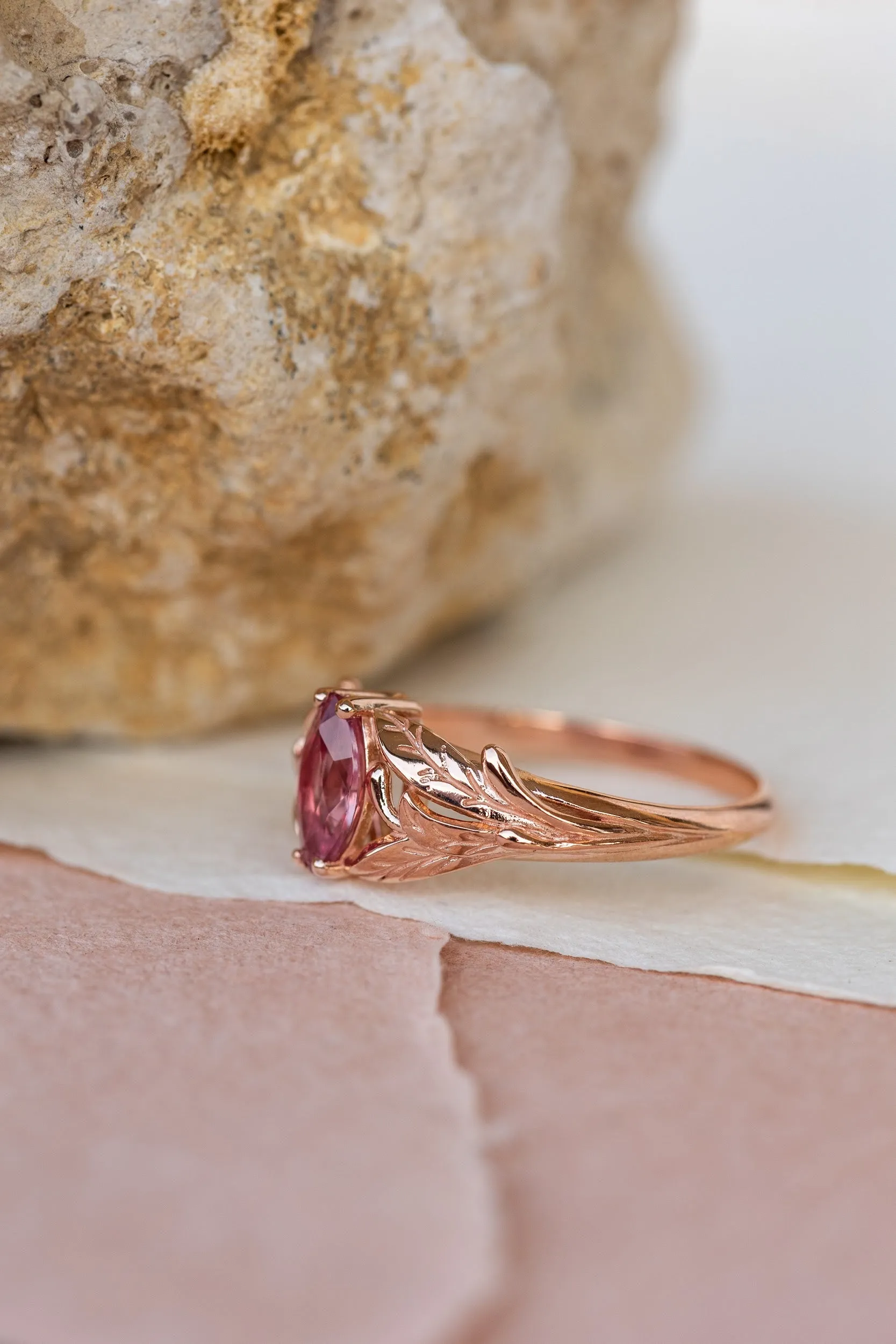 Natural pink sapphire engagement ring, leaf proposal ring with marquise cut gemstone / Wisteria