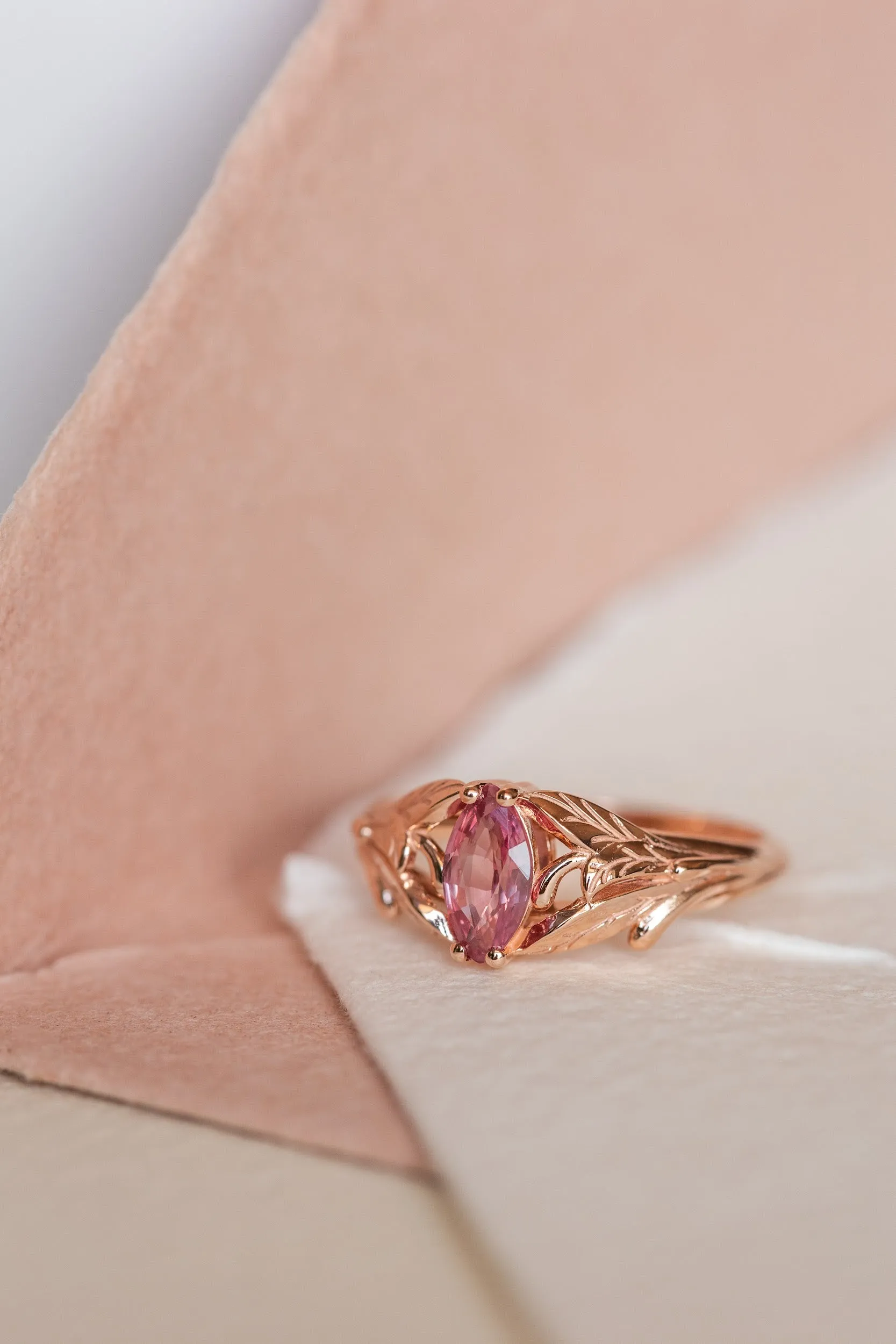 Natural pink sapphire engagement ring, leaf proposal ring with marquise cut gemstone / Wisteria