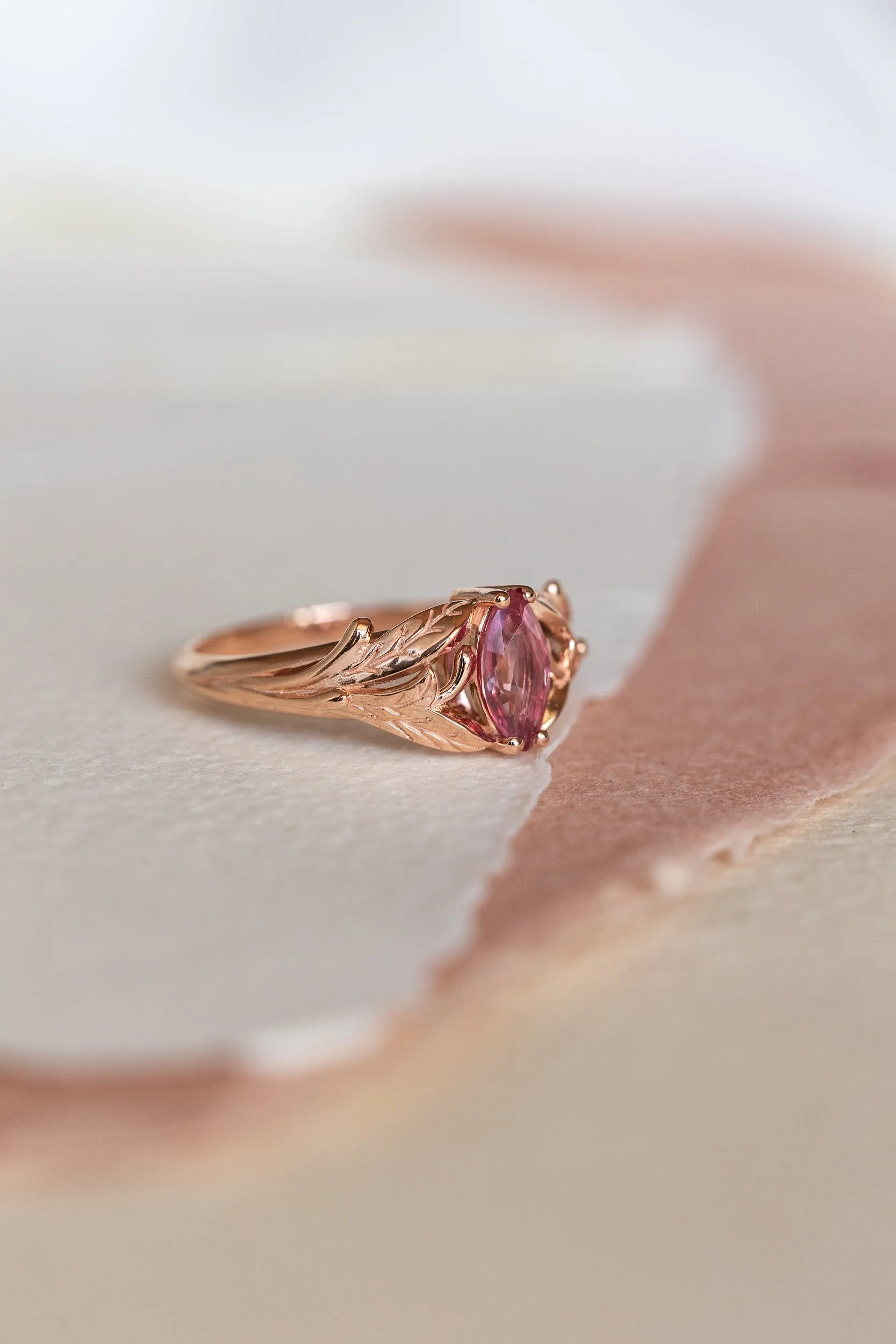 Natural pink sapphire engagement ring, leaf proposal ring with marquise cut gemstone / Wisteria