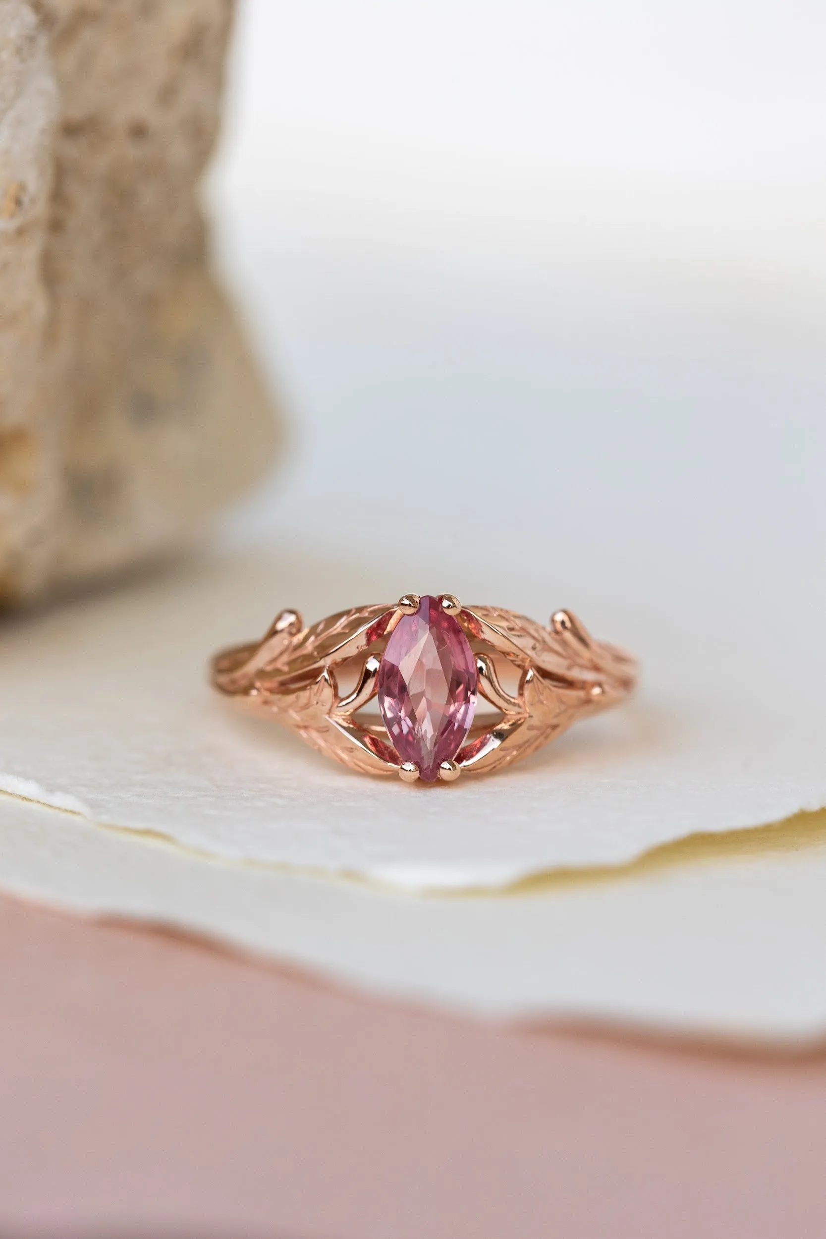 Natural pink sapphire engagement ring, leaf proposal ring with marquise cut gemstone / Wisteria