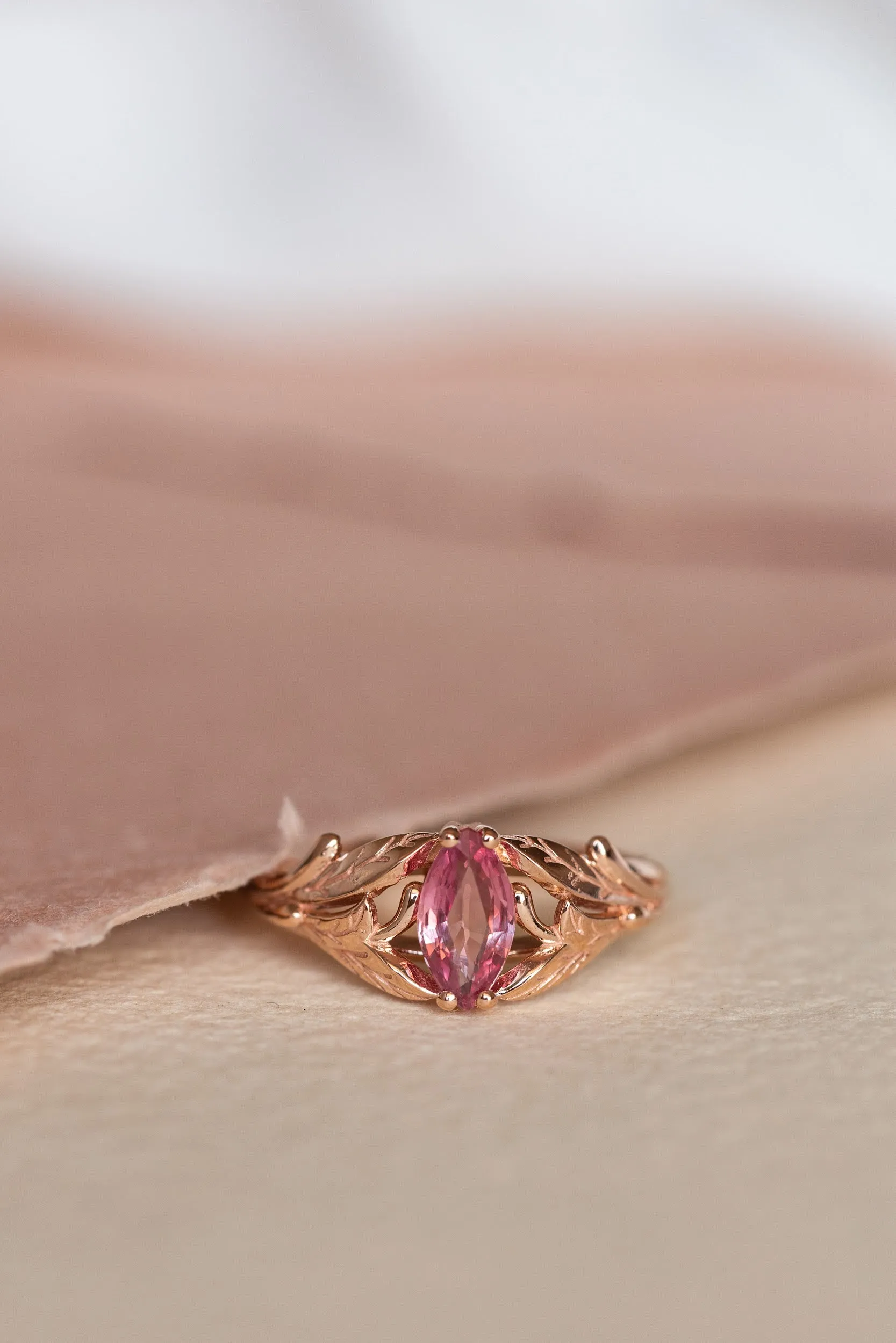 Natural pink sapphire engagement ring, leaf proposal ring with marquise cut gemstone / Wisteria