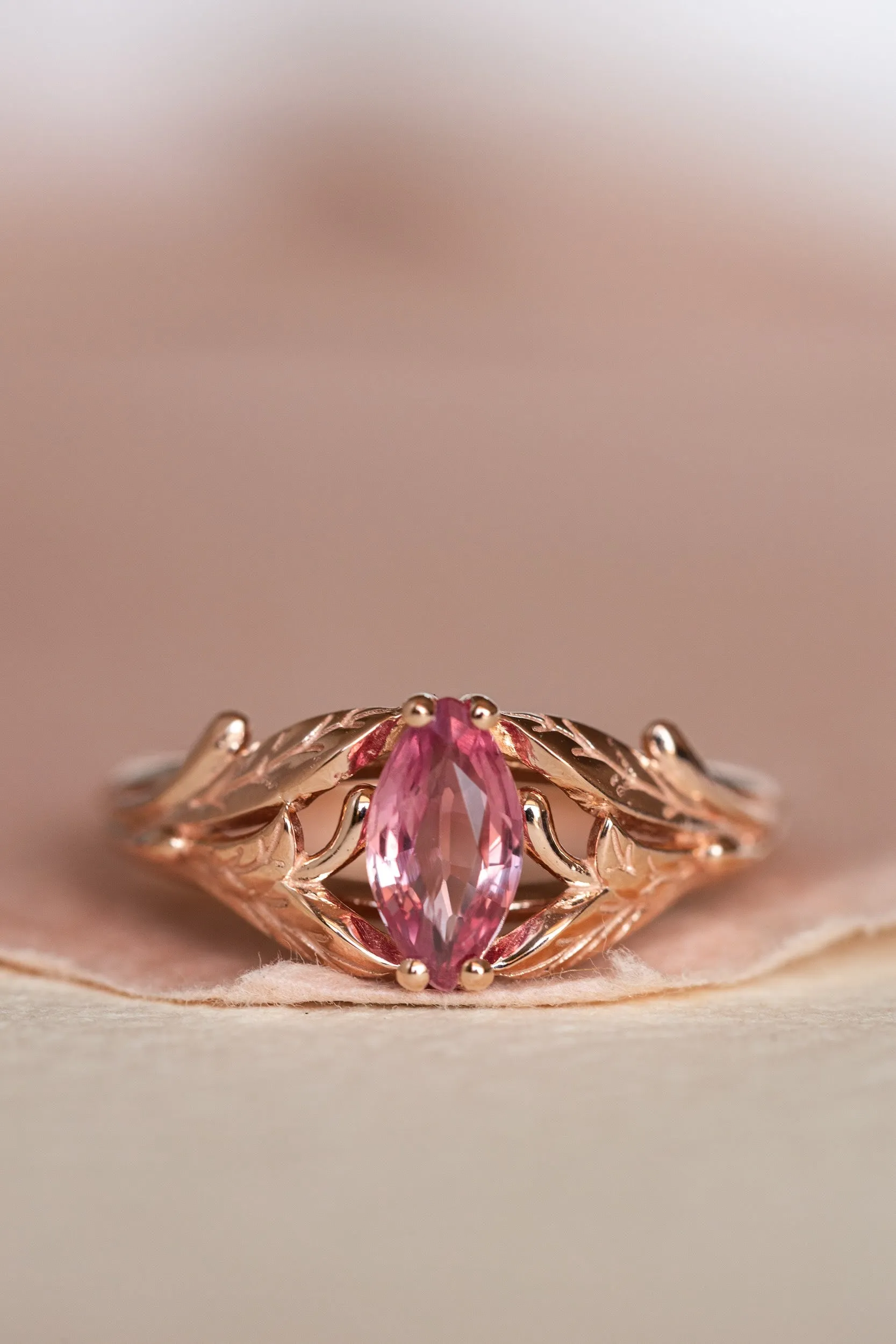 Natural pink sapphire engagement ring, leaf proposal ring with marquise cut gemstone / Wisteria