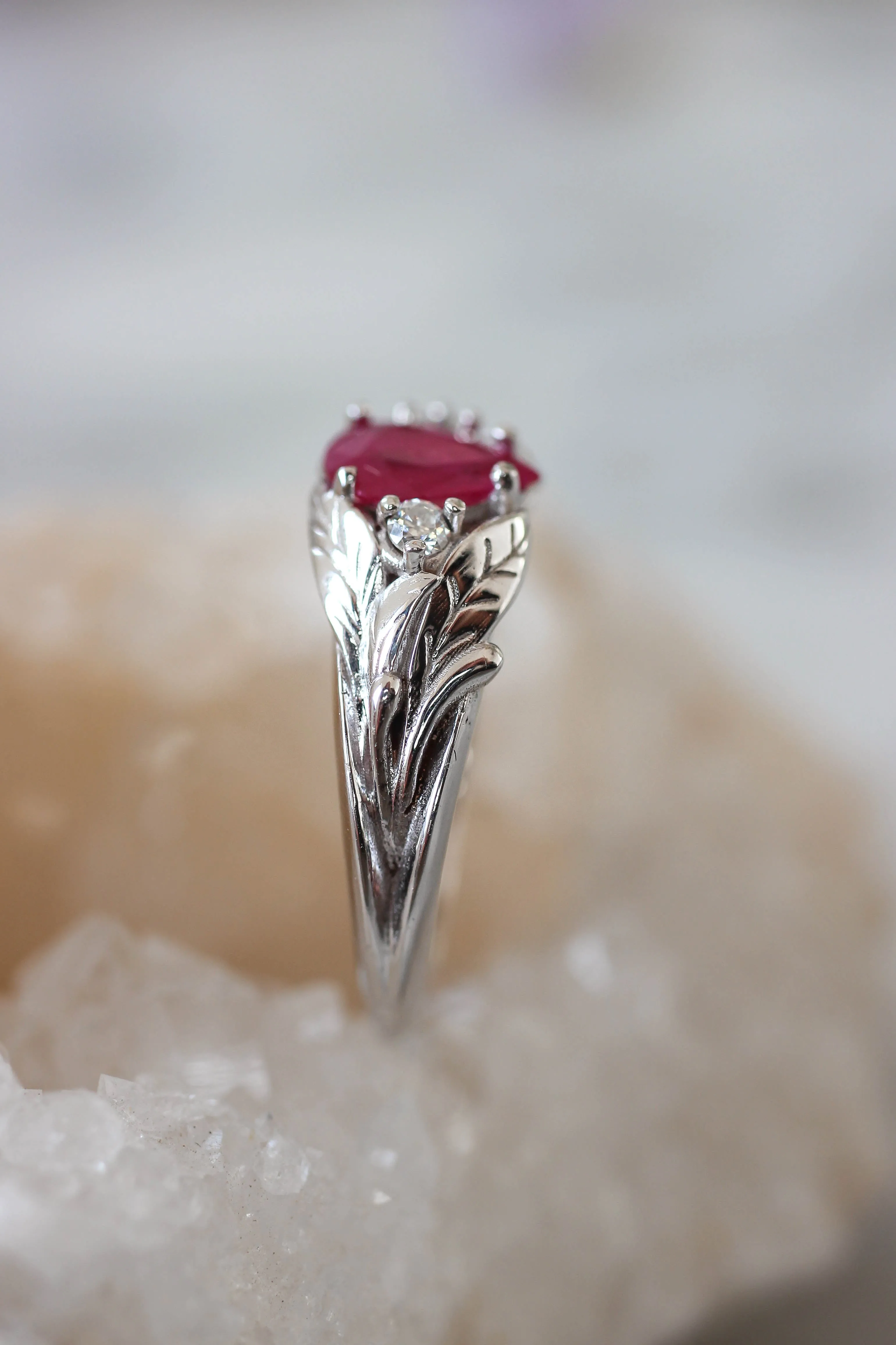 Natural ruby ring with diamonds, leaves engagement ring / Wisteria