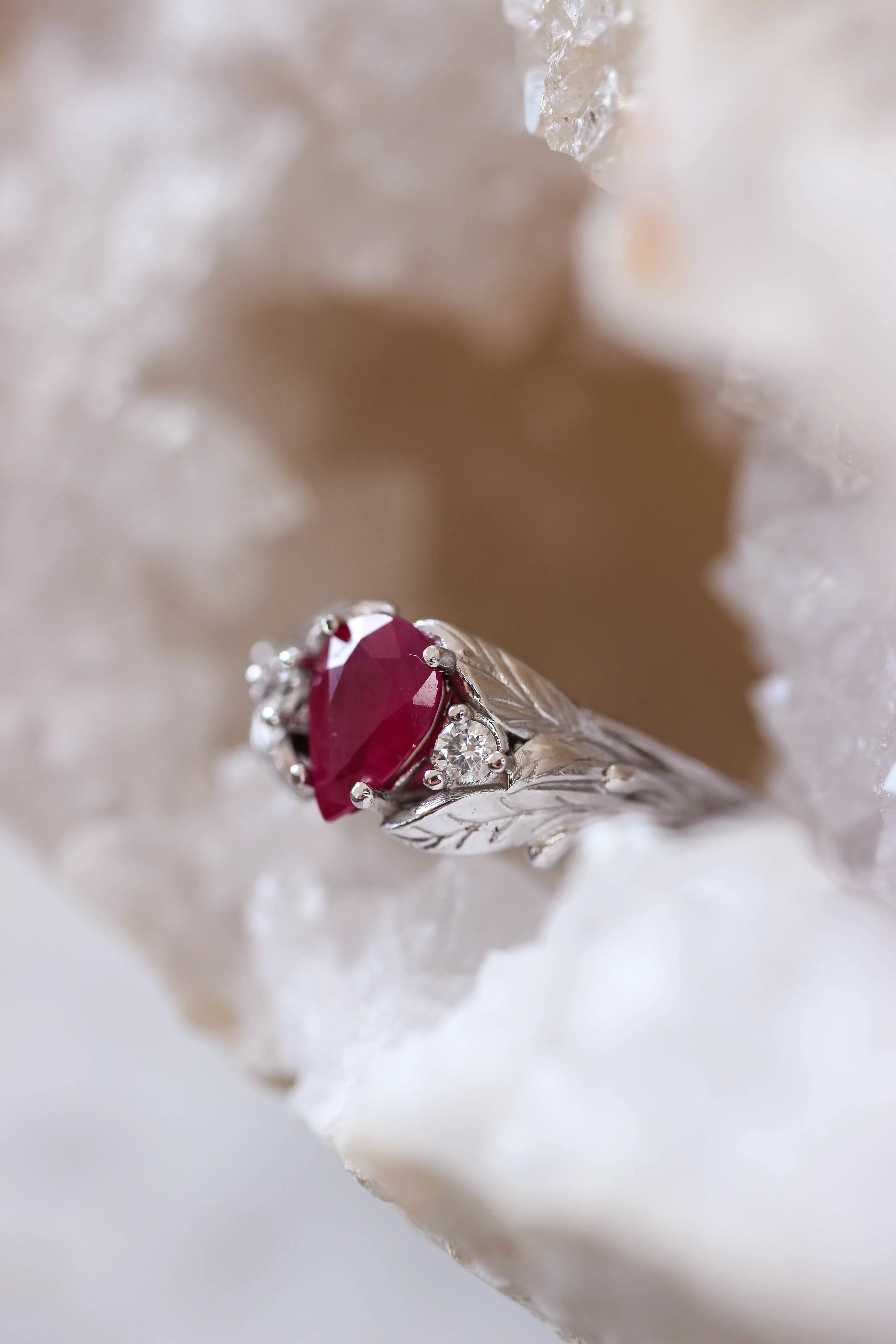 Natural ruby ring with diamonds, leaves engagement ring / Wisteria