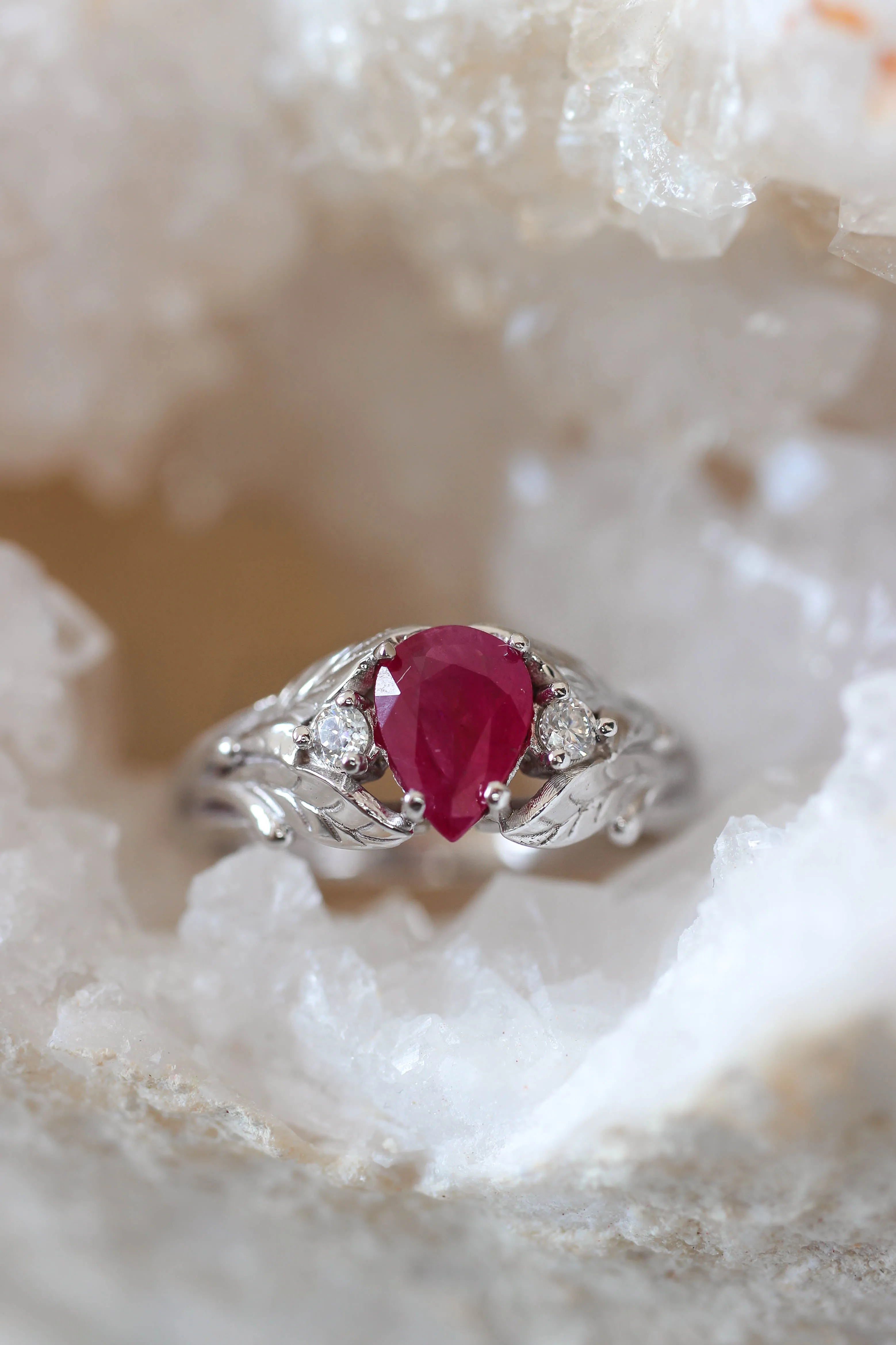 Natural ruby ring with diamonds, leaves engagement ring / Wisteria