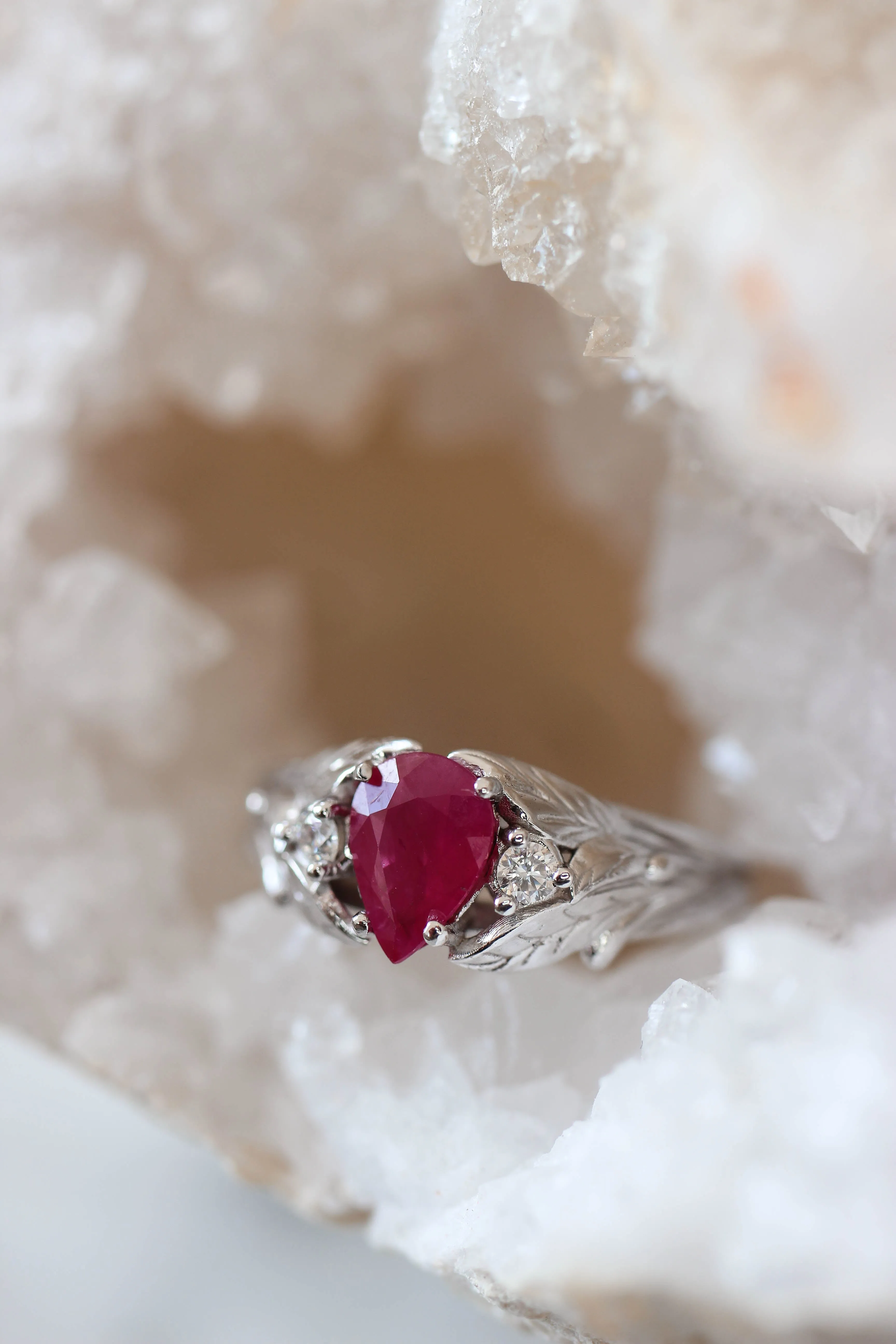 Natural ruby ring with diamonds, leaves engagement ring / Wisteria