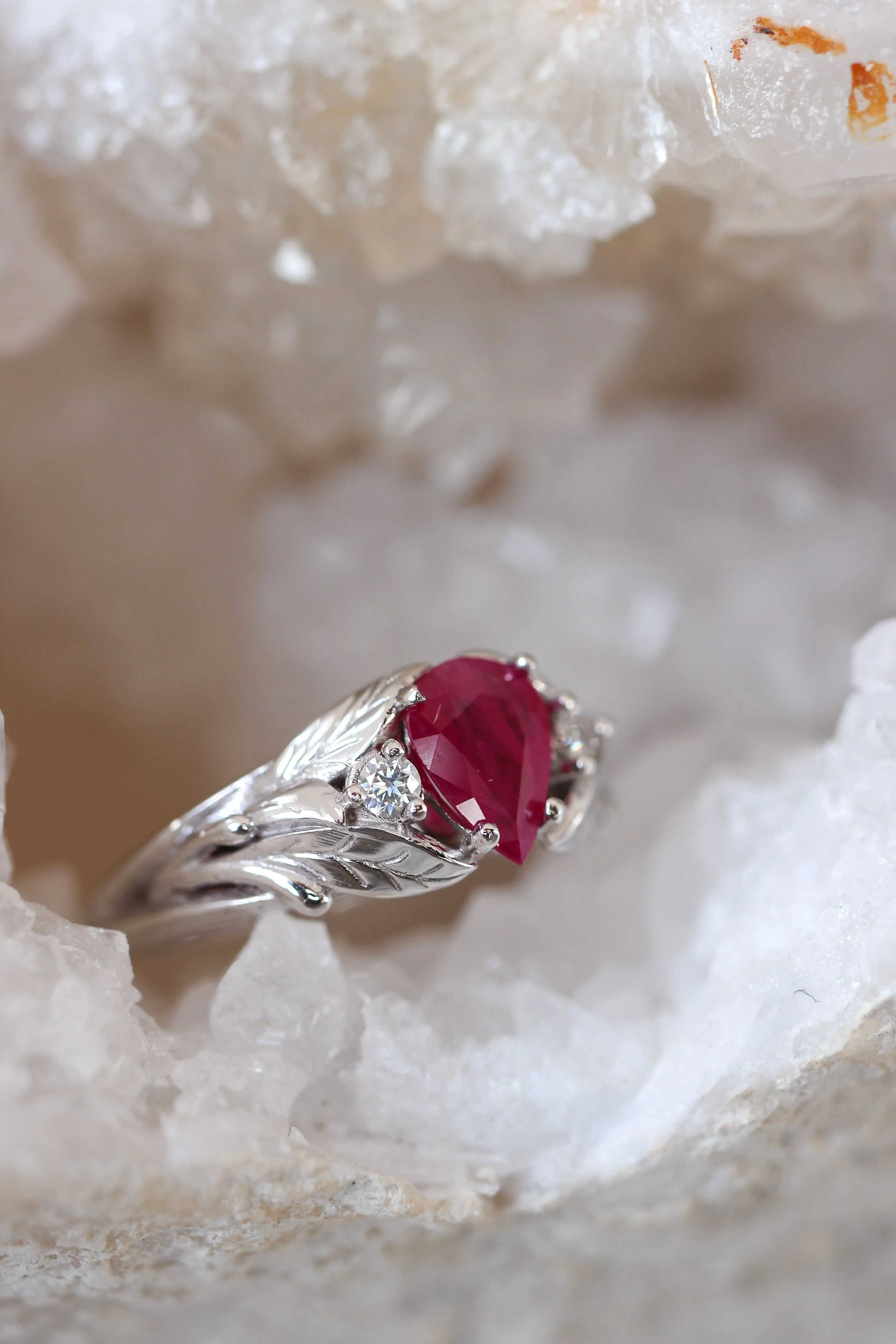 Natural ruby ring with diamonds, leaves engagement ring / Wisteria