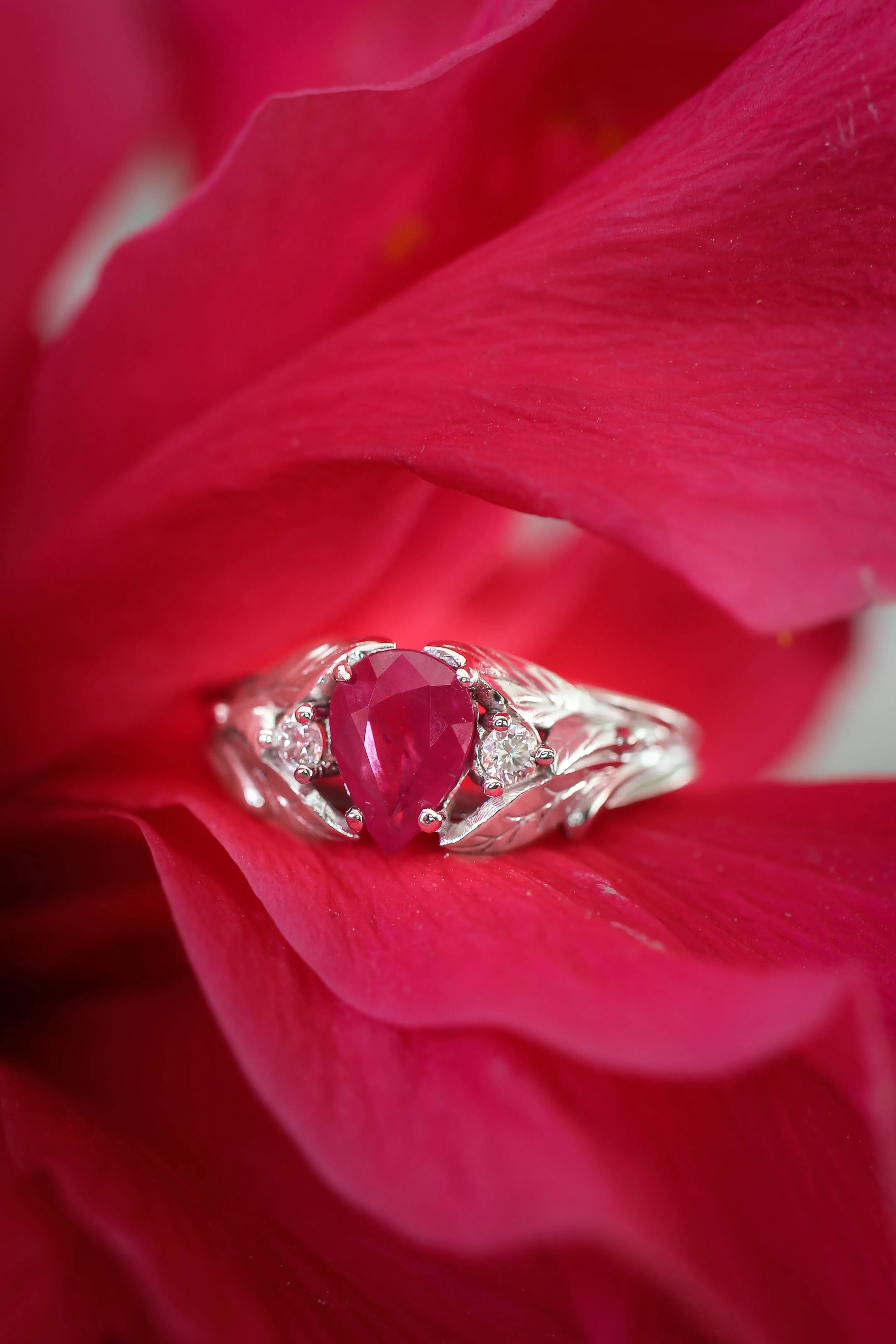 Natural ruby ring with diamonds, leaves engagement ring / Wisteria