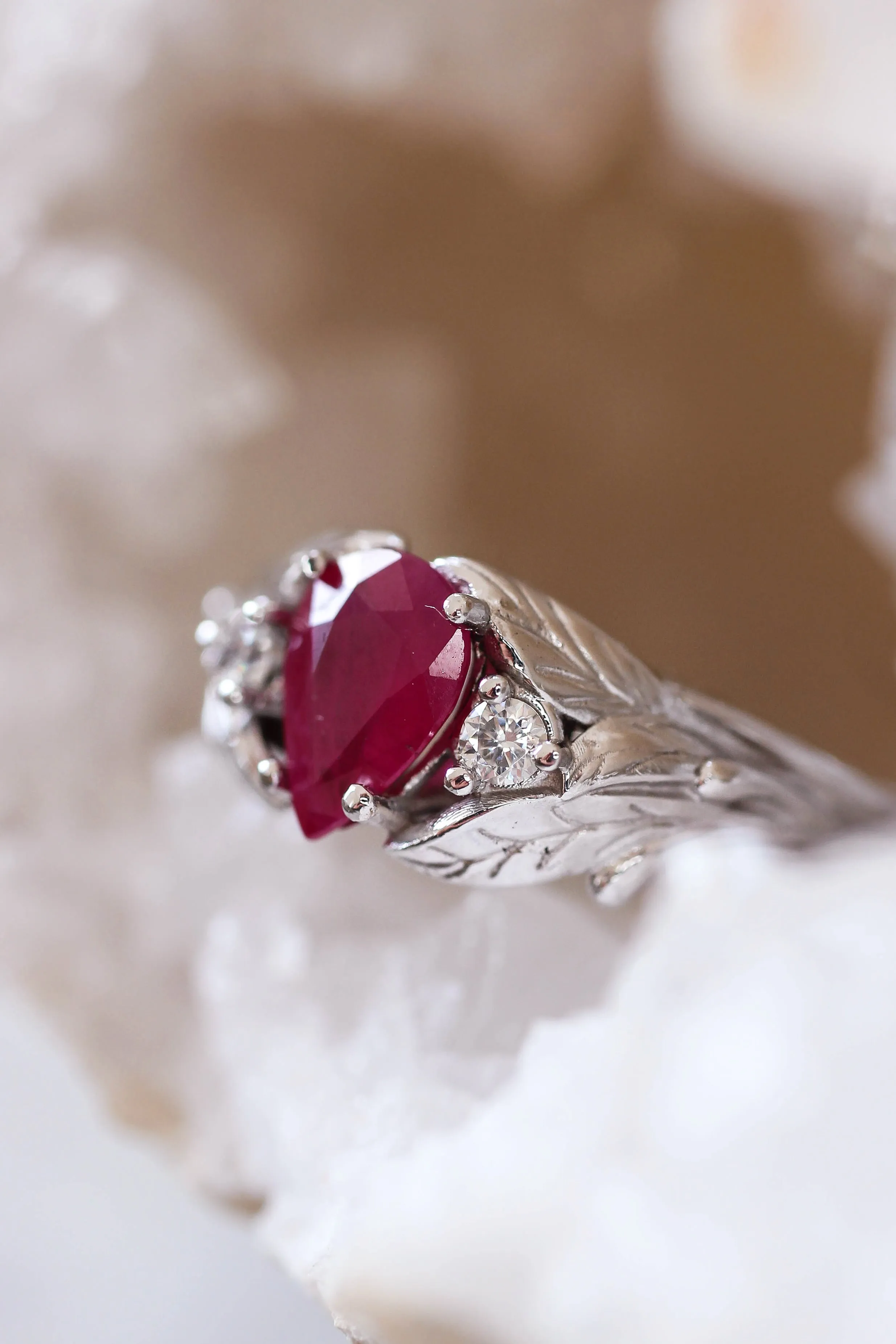 Natural ruby ring with diamonds, leaves engagement ring / Wisteria