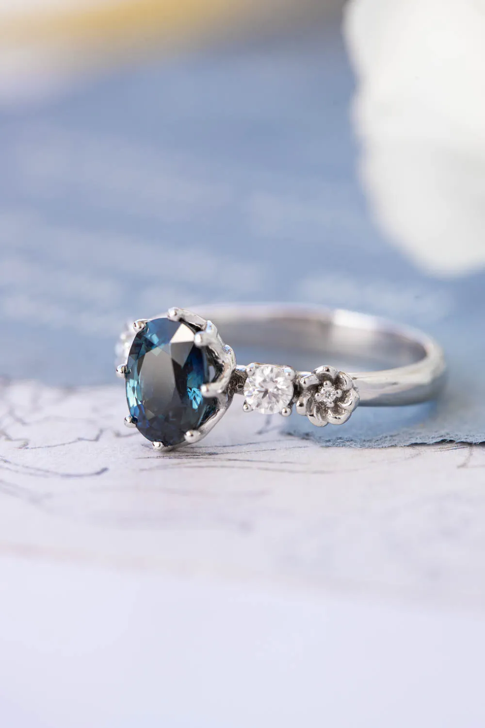 Natural teal sapphire engagement ring, white gold engagement ring with diamonds / Fiorella