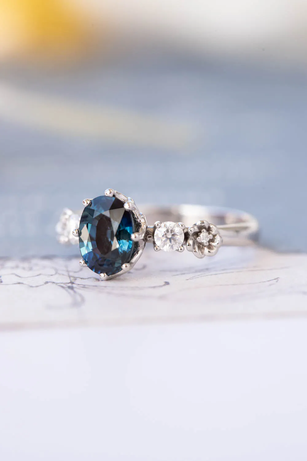 Natural teal sapphire engagement ring, white gold engagement ring with diamonds / Fiorella