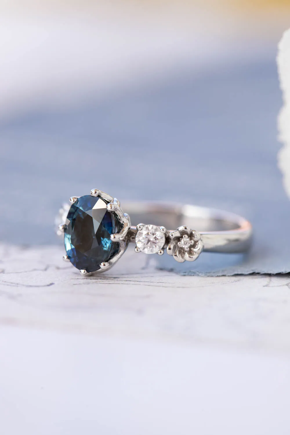 Natural teal sapphire engagement ring, white gold engagement ring with diamonds / Fiorella